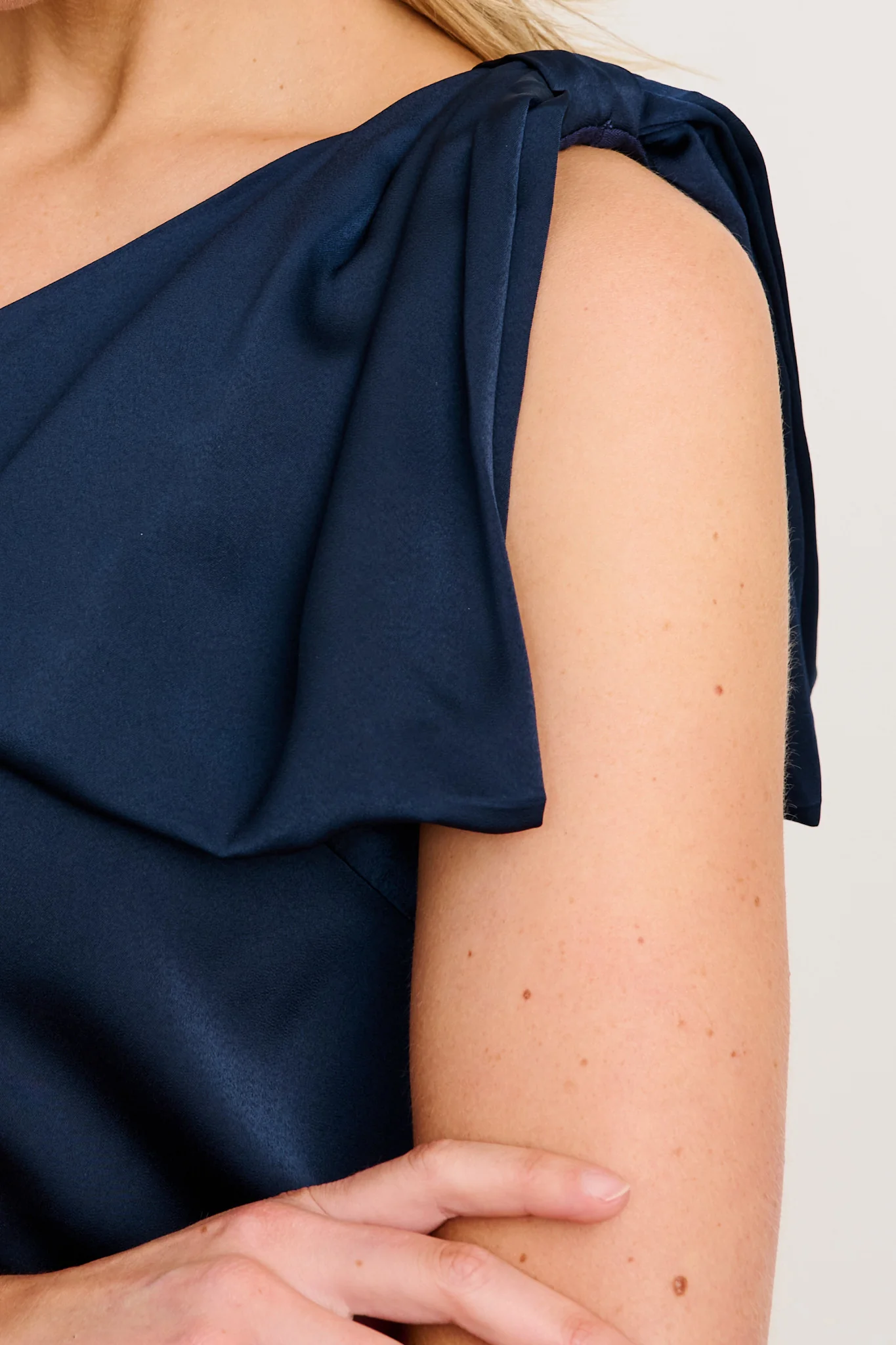Loyality One Shoulder Maxi Dress in Navy Satin - Image 8