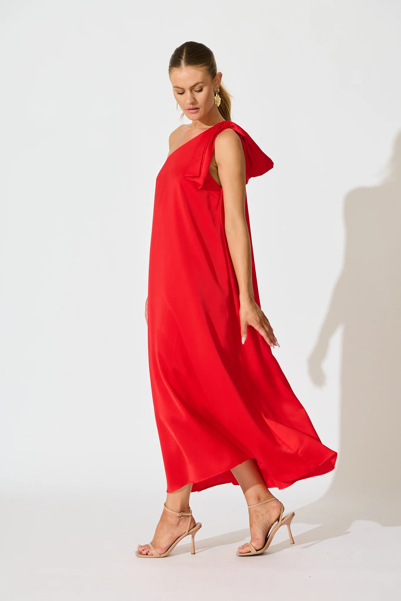 Loyality One Shoulder Maxi Dress in Red Satin - Image 6