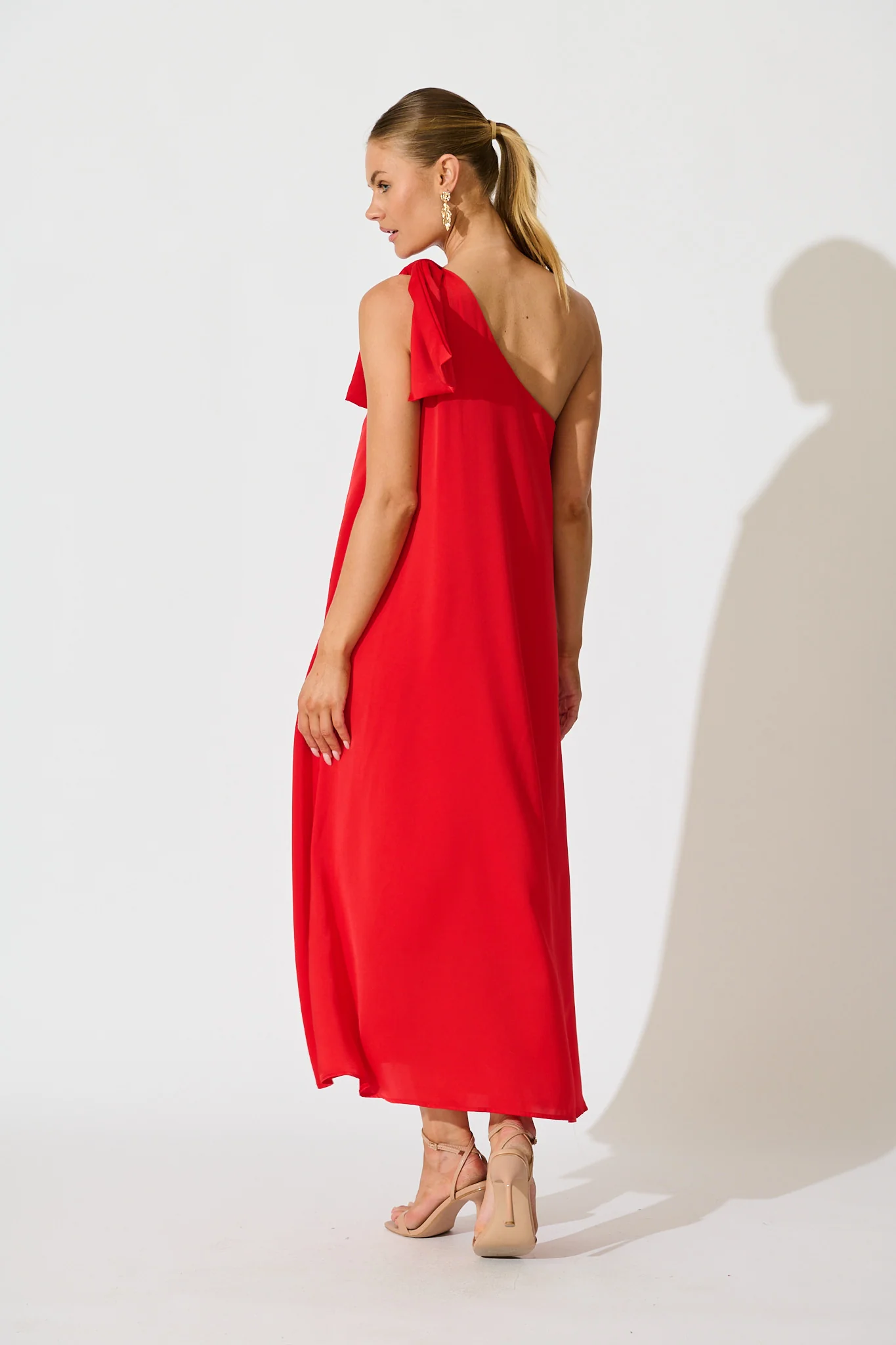 Loyality One Shoulder Maxi Dress in Red Satin - Image 7