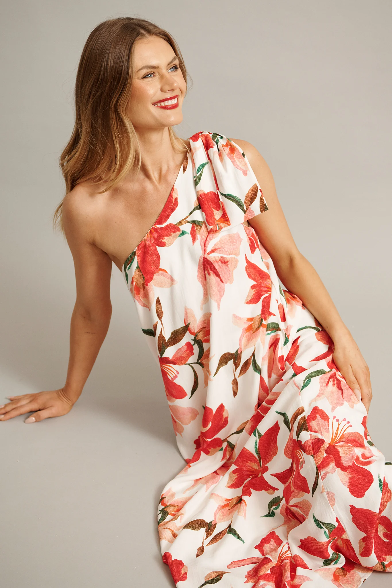 Loyality One Shoulder Maxi Dress in White and Red Floral - Image 2