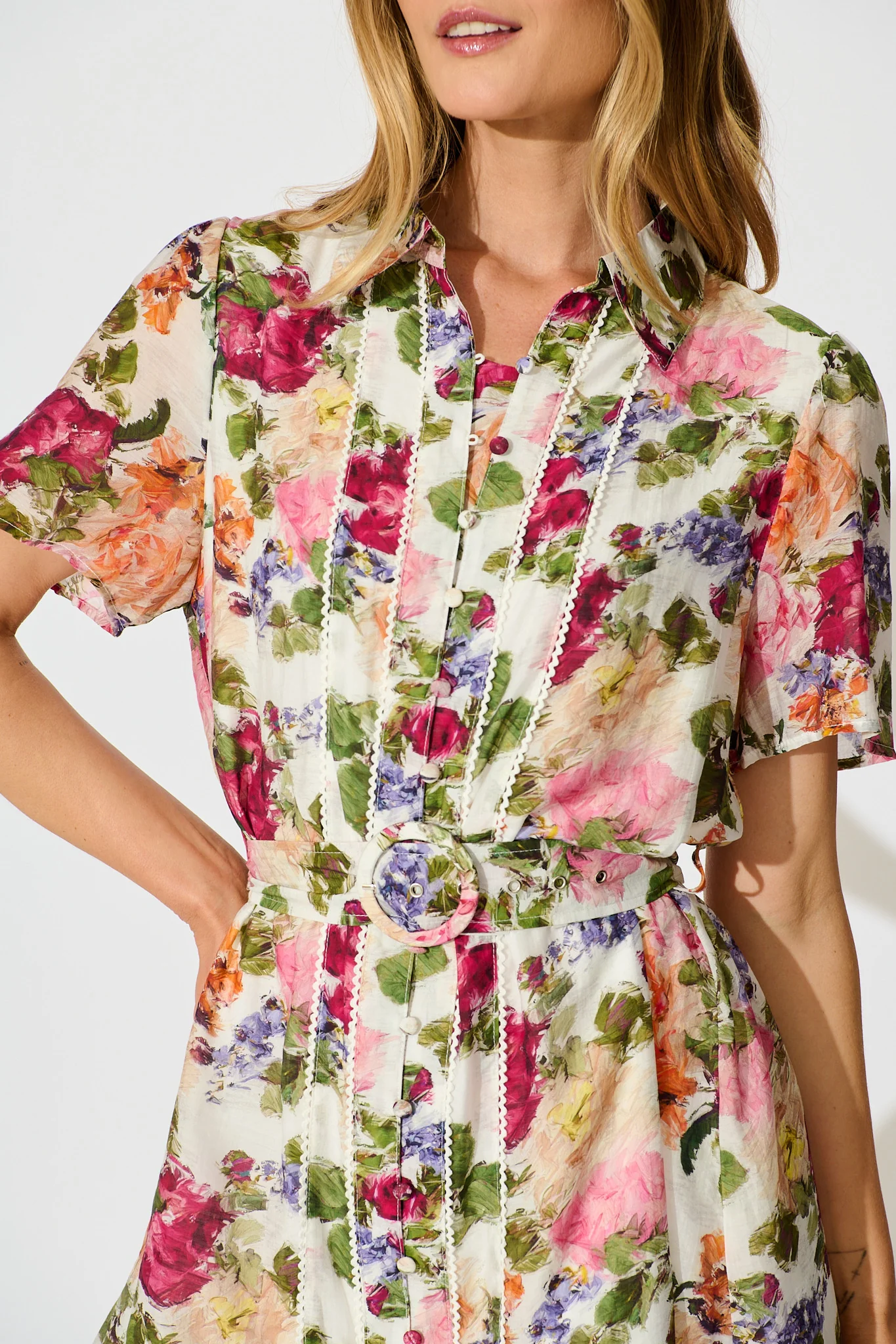 Luciana Shirt Dress in White with Multi Floral Print - Image 5