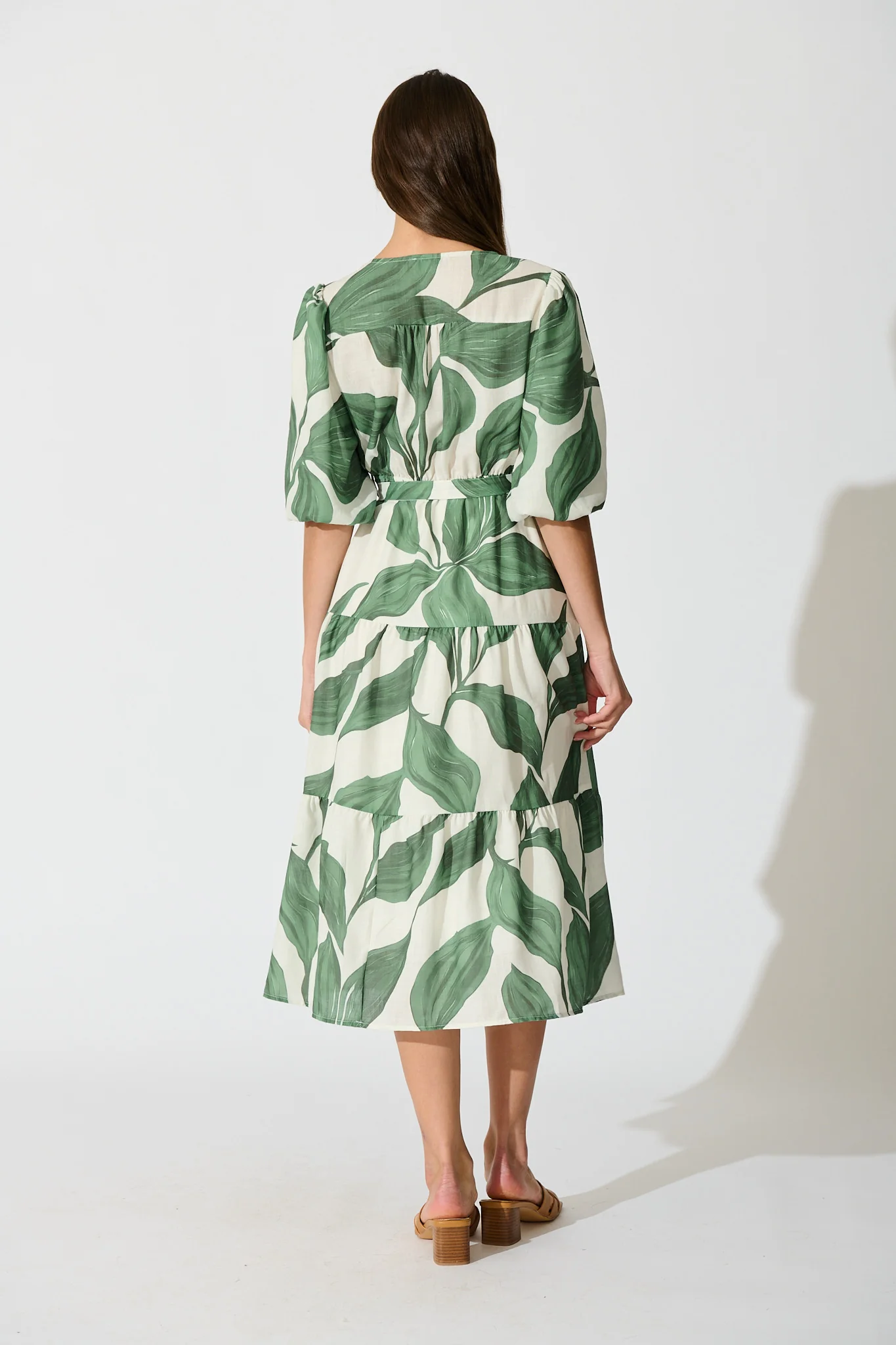 Lucie Maxi Dress in Cream with Green Leaf Linen Blend - Image 4