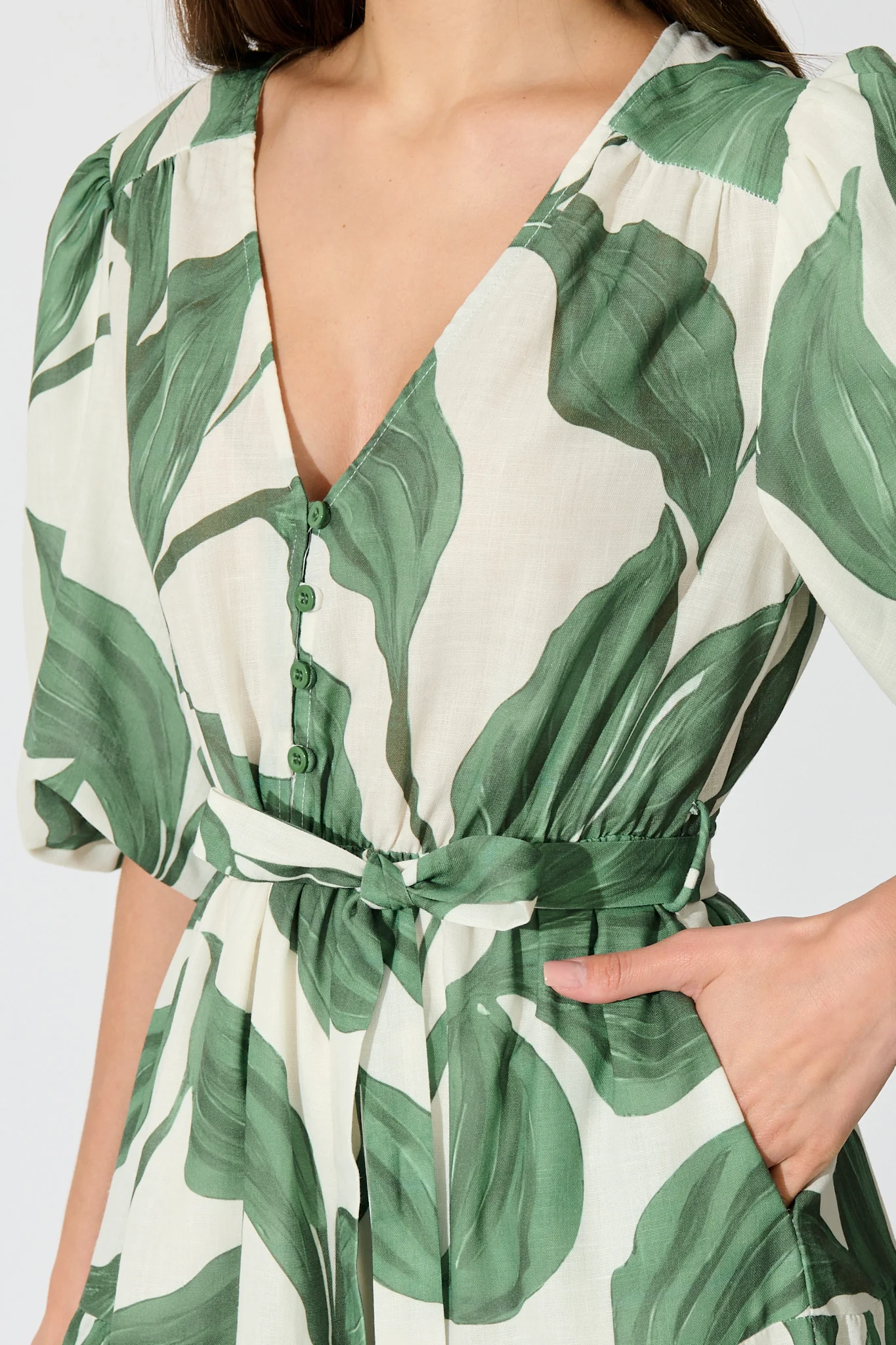 Lucie Maxi Dress in Cream with Green Leaf Linen Blend - Image 5