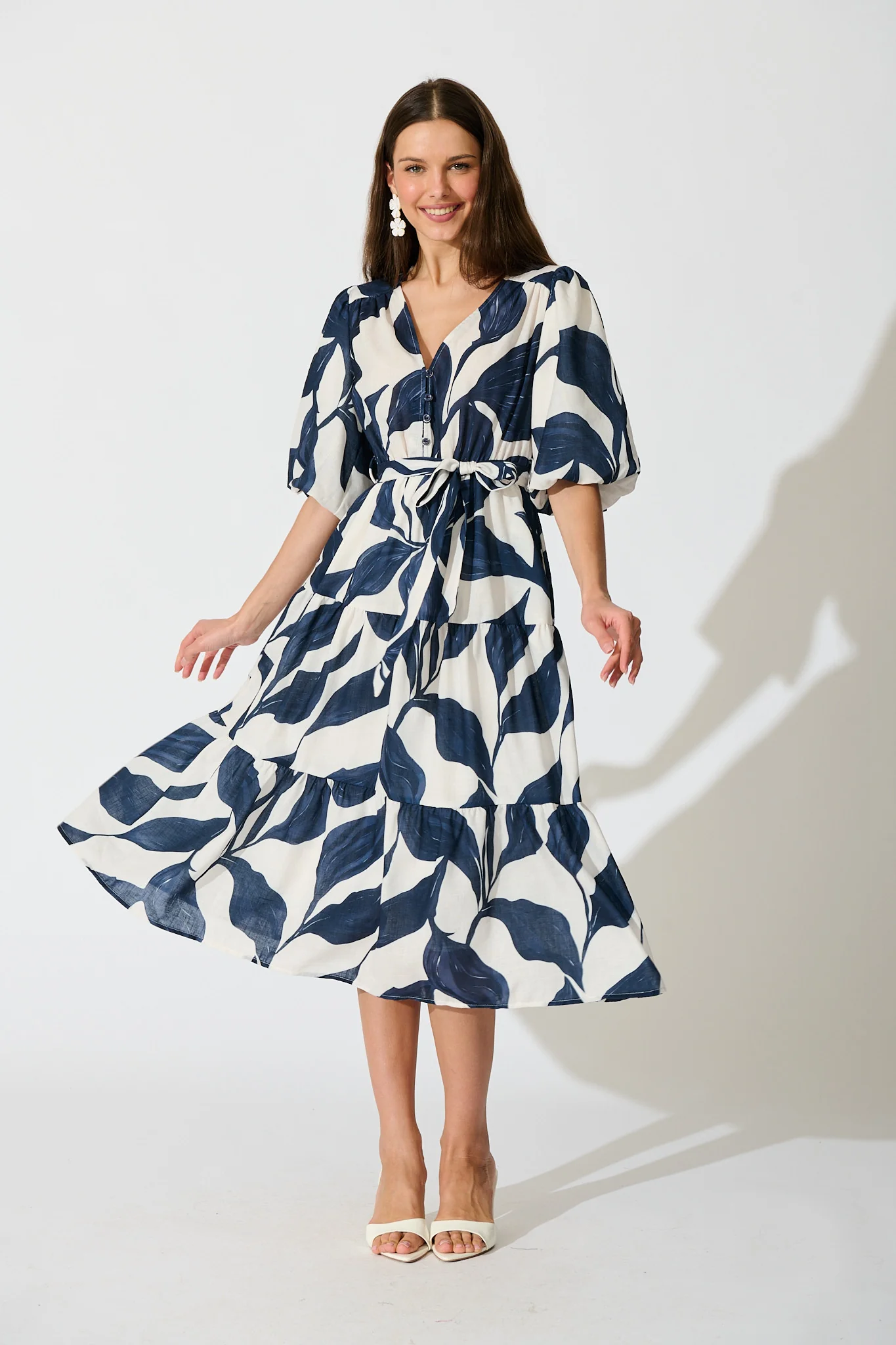 Lucie Maxi Dress in White with Navy Leaf Linen Blend