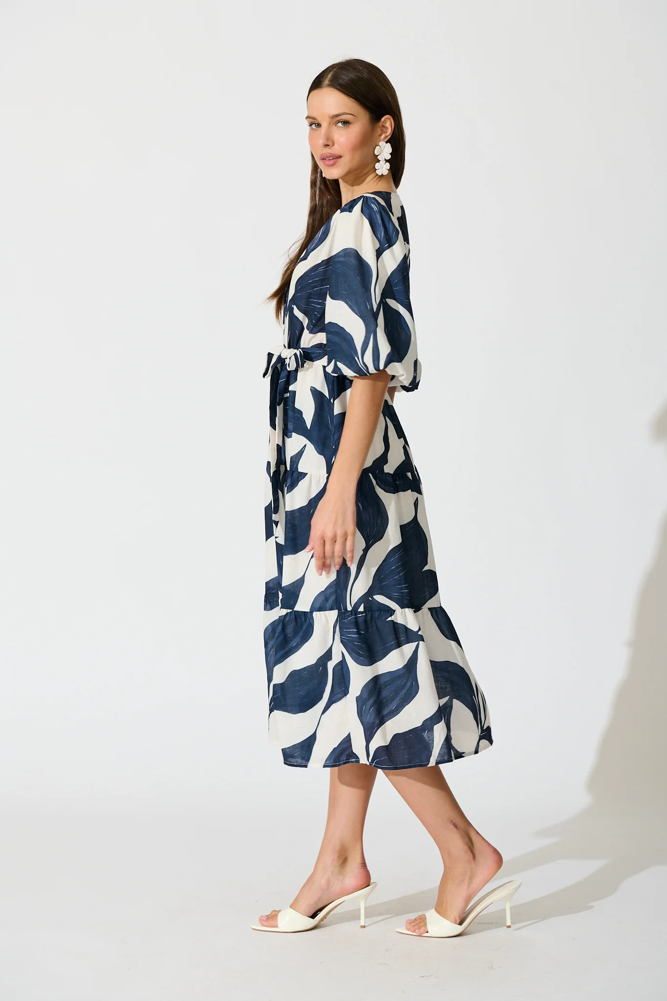 Lucie Maxi Dress in White with Navy Leaf Linen Blend - Image 3