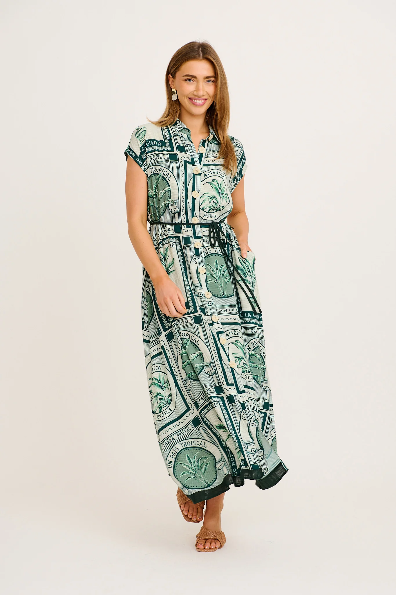 Lucky One Midi Shirt Dress in Green Tile Print