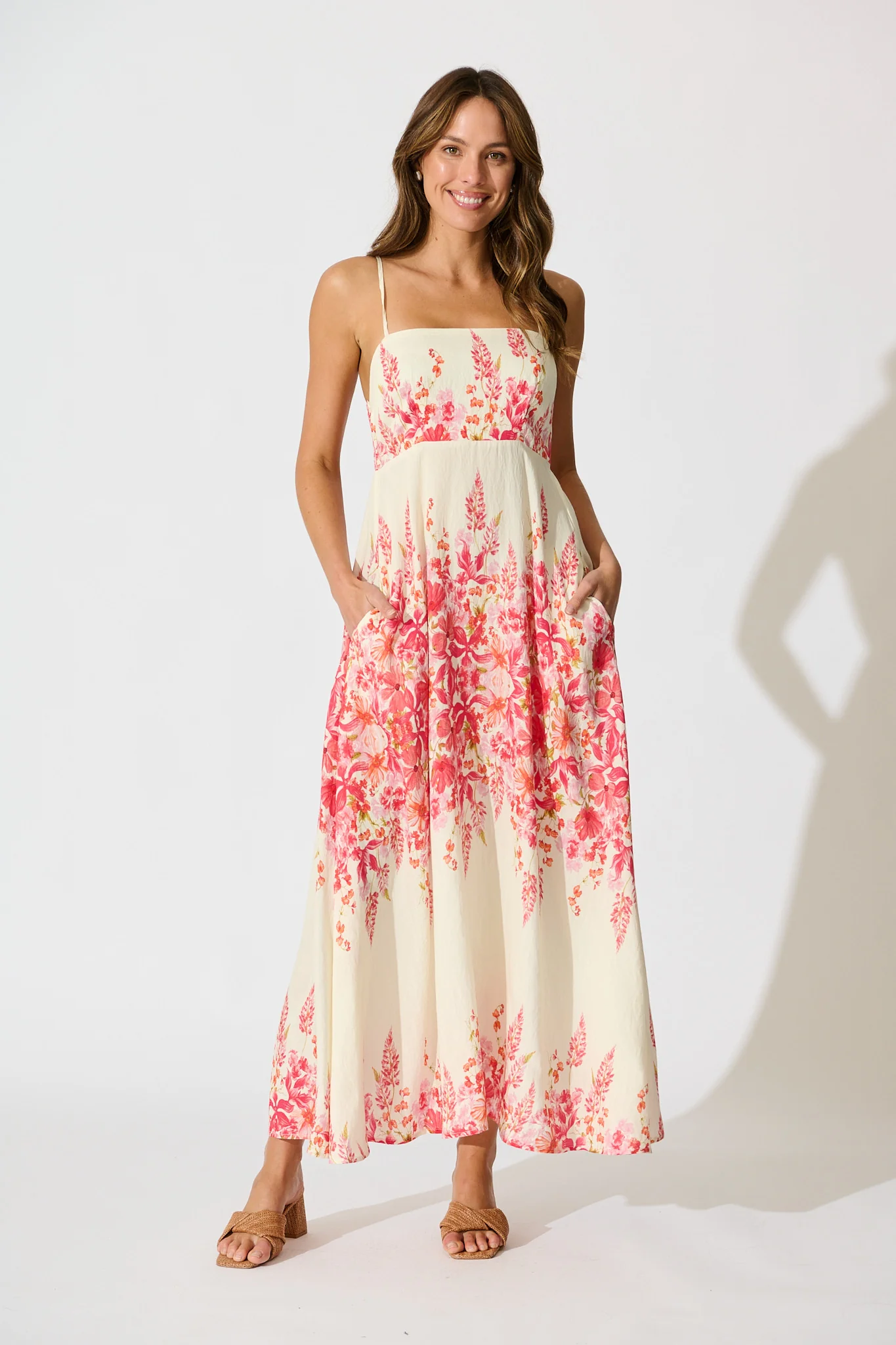 Lulea Maxi Sundress in White with Pink Floral Linen Blend