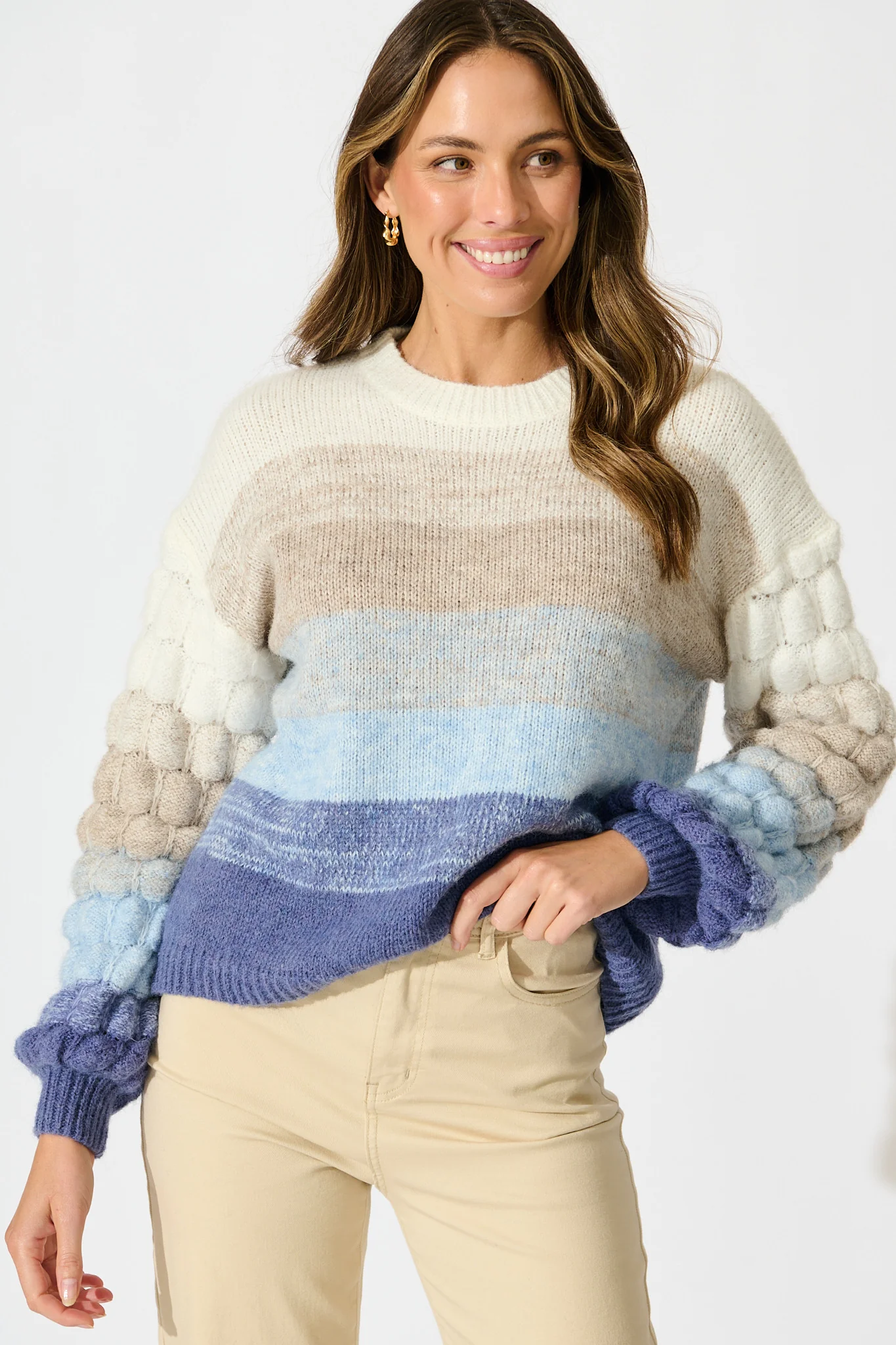 Luna Knit in in Blue with Grey Stripe Wool Blend