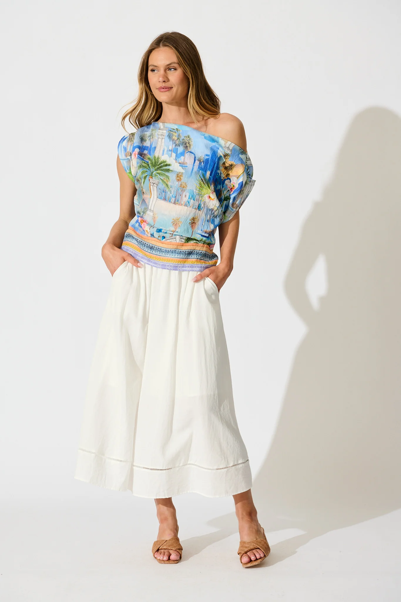 Lunaria Off Shoulder Top in Blue Multi Print - Image 5