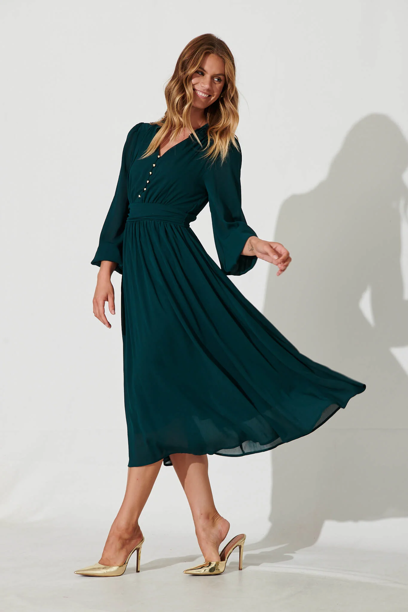 Lustre Midi Dress In Emerald Chiffon - Image 3