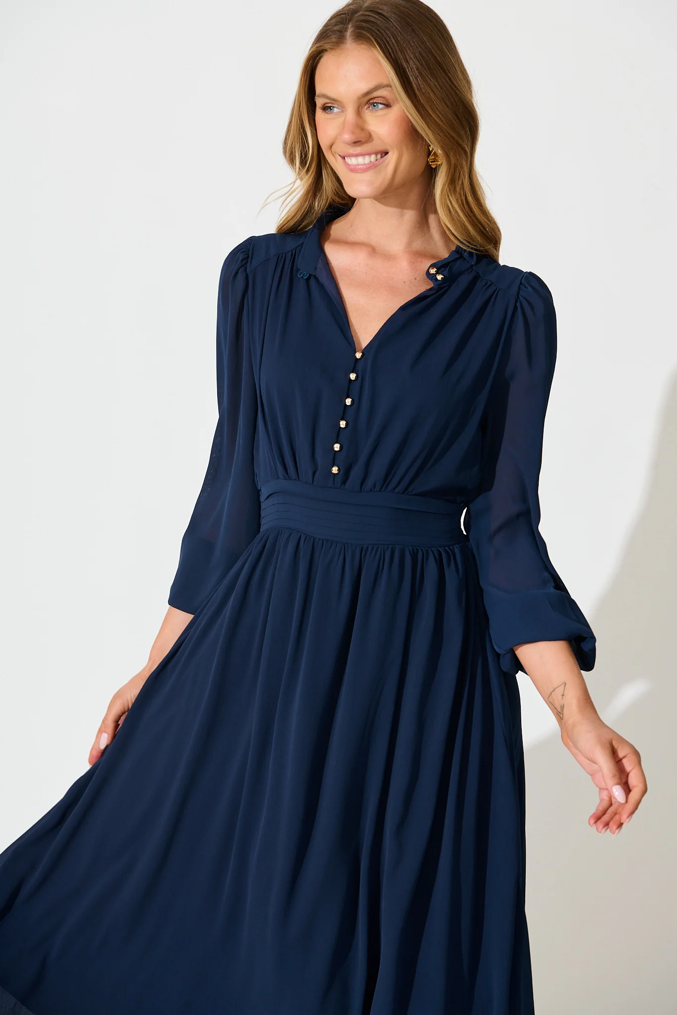 Lustre Midi Dress In Navy Chiffon - Image 6