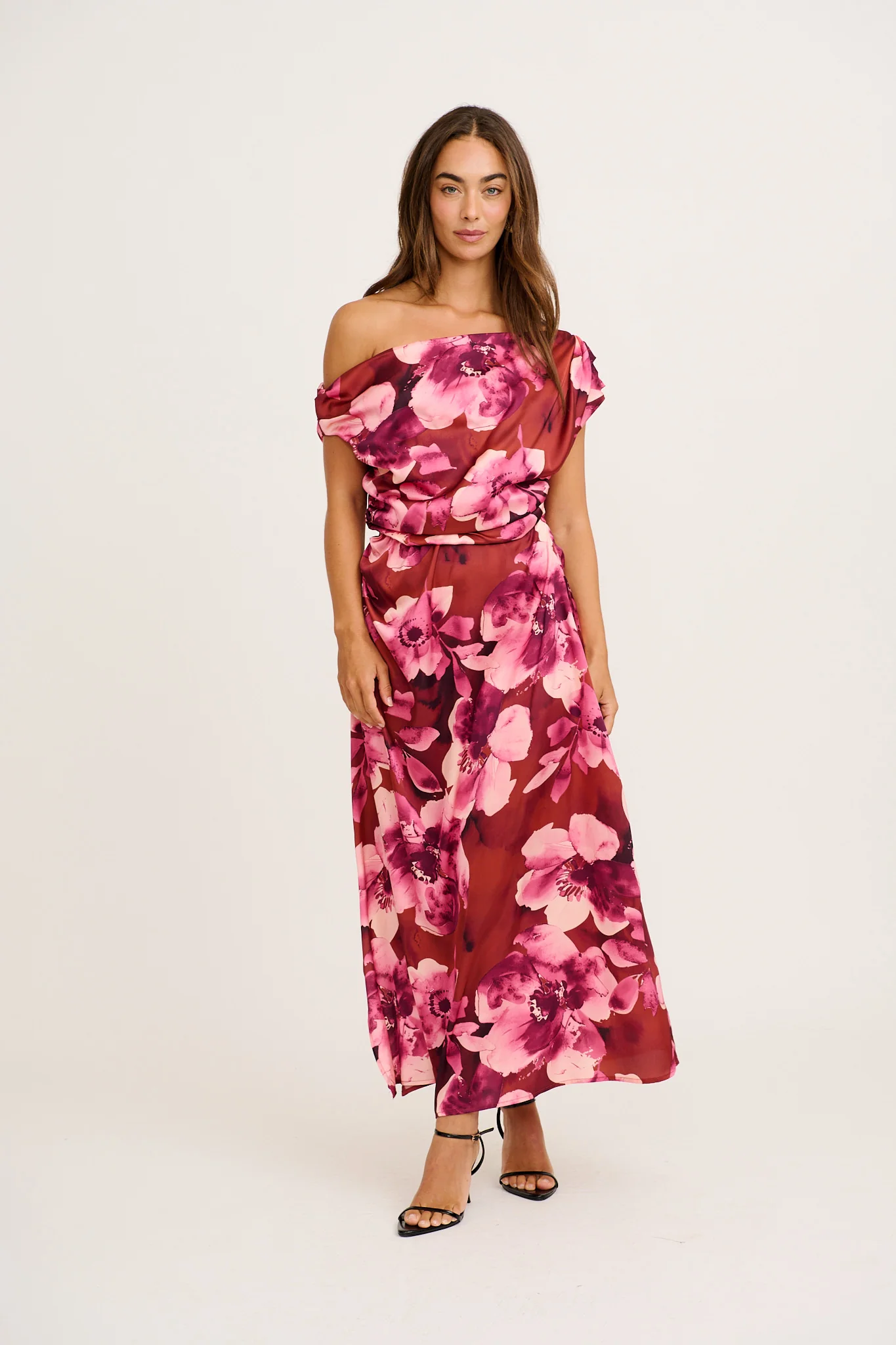 Luvella Maxi Off Shoulder Dress in Wine with Blush Floral Satin - Image 3