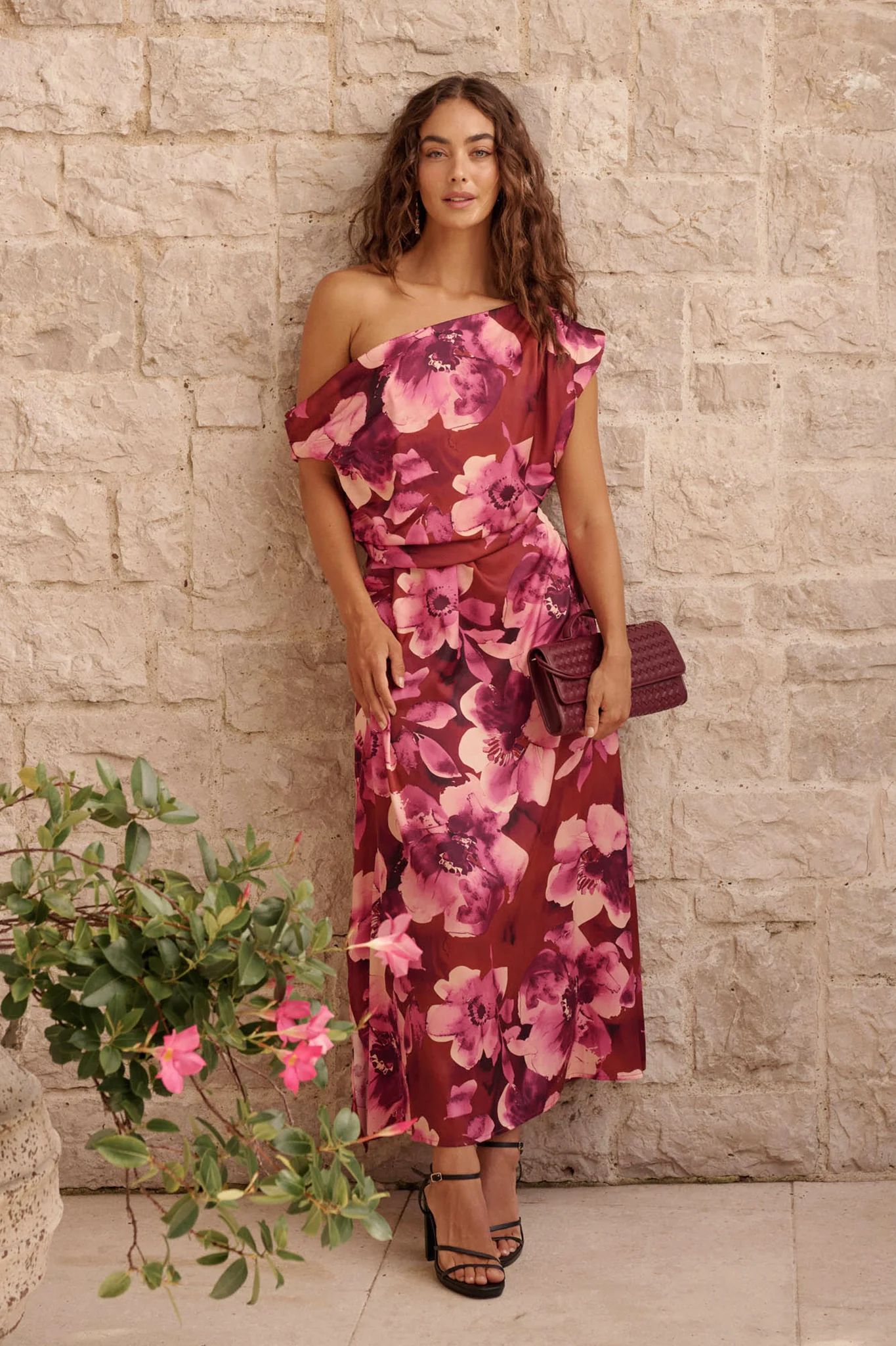 Luvella Maxi Off Shoulder Dress in Wine with Blush Floral Satin - Image 6