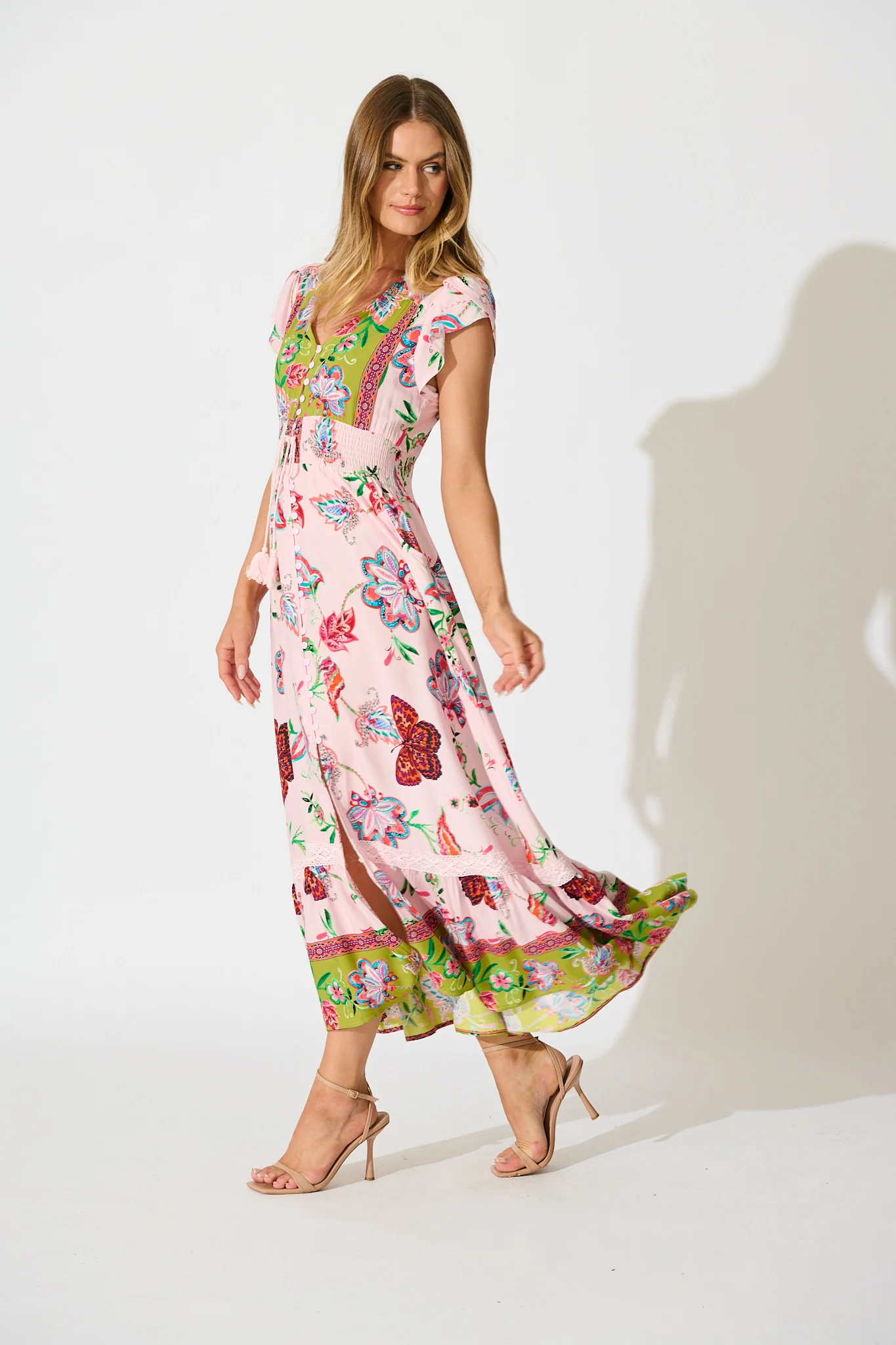 Lyanna Midi Dress in Pink Multi Boho Print - Image 3