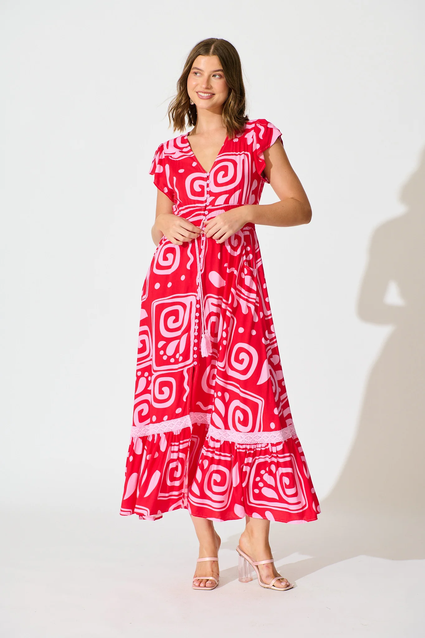 Lyanna Midi Dress in Red Geometric Print