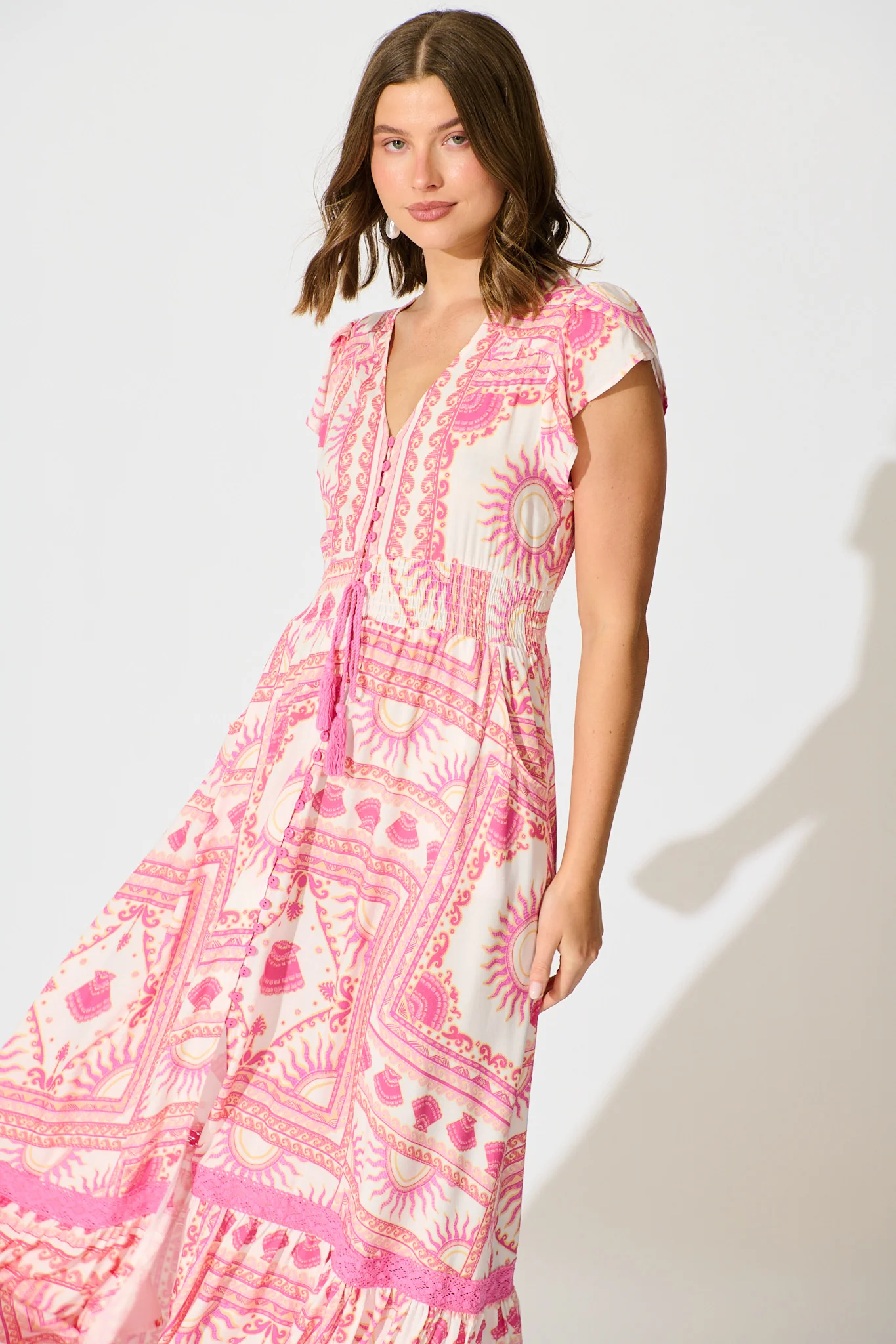 Lyanna Midi Dress in White with Multi Pink Print - Image 2
