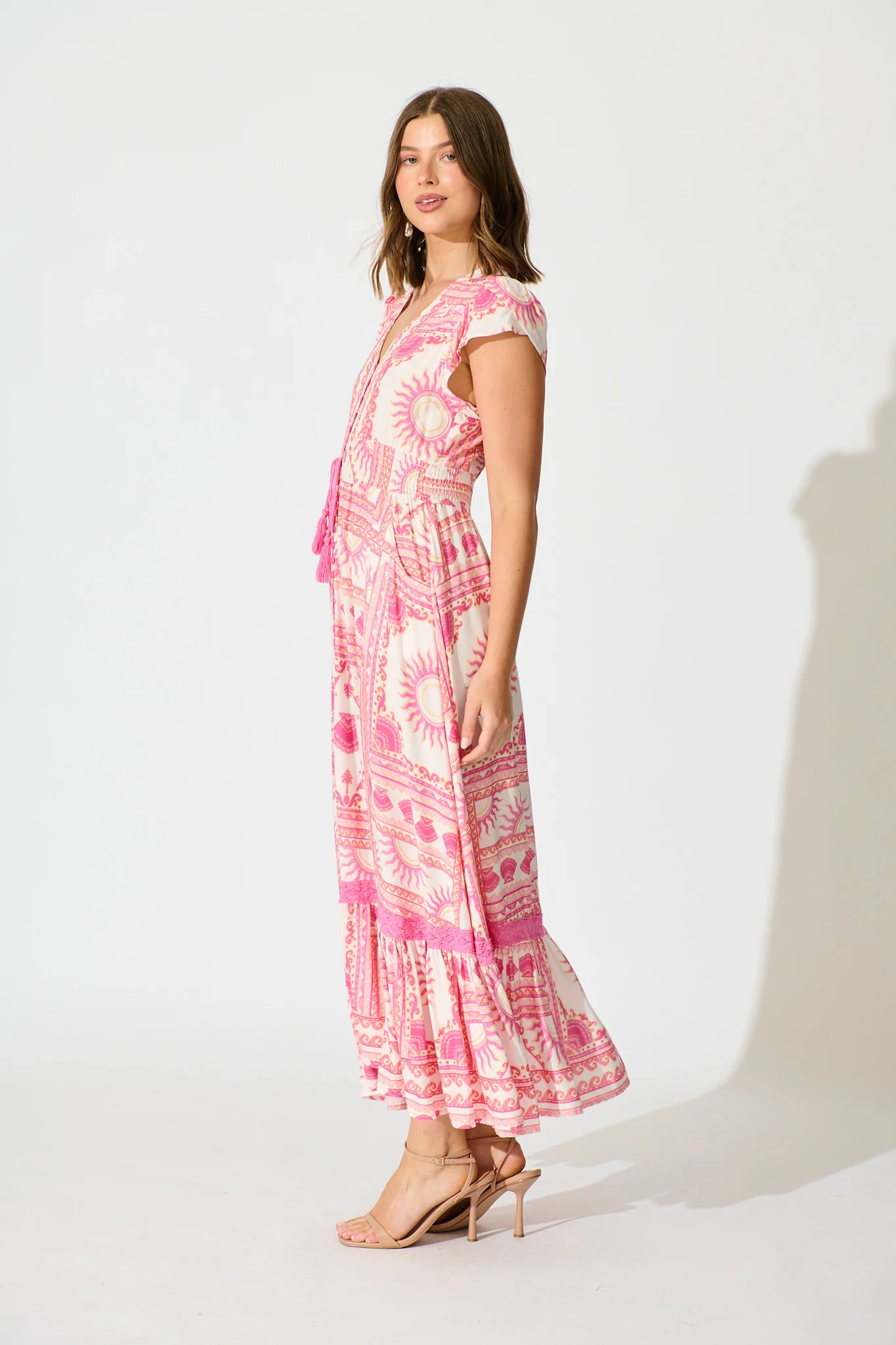 Lyanna Midi Dress in White with Multi Pink Print - Image 3