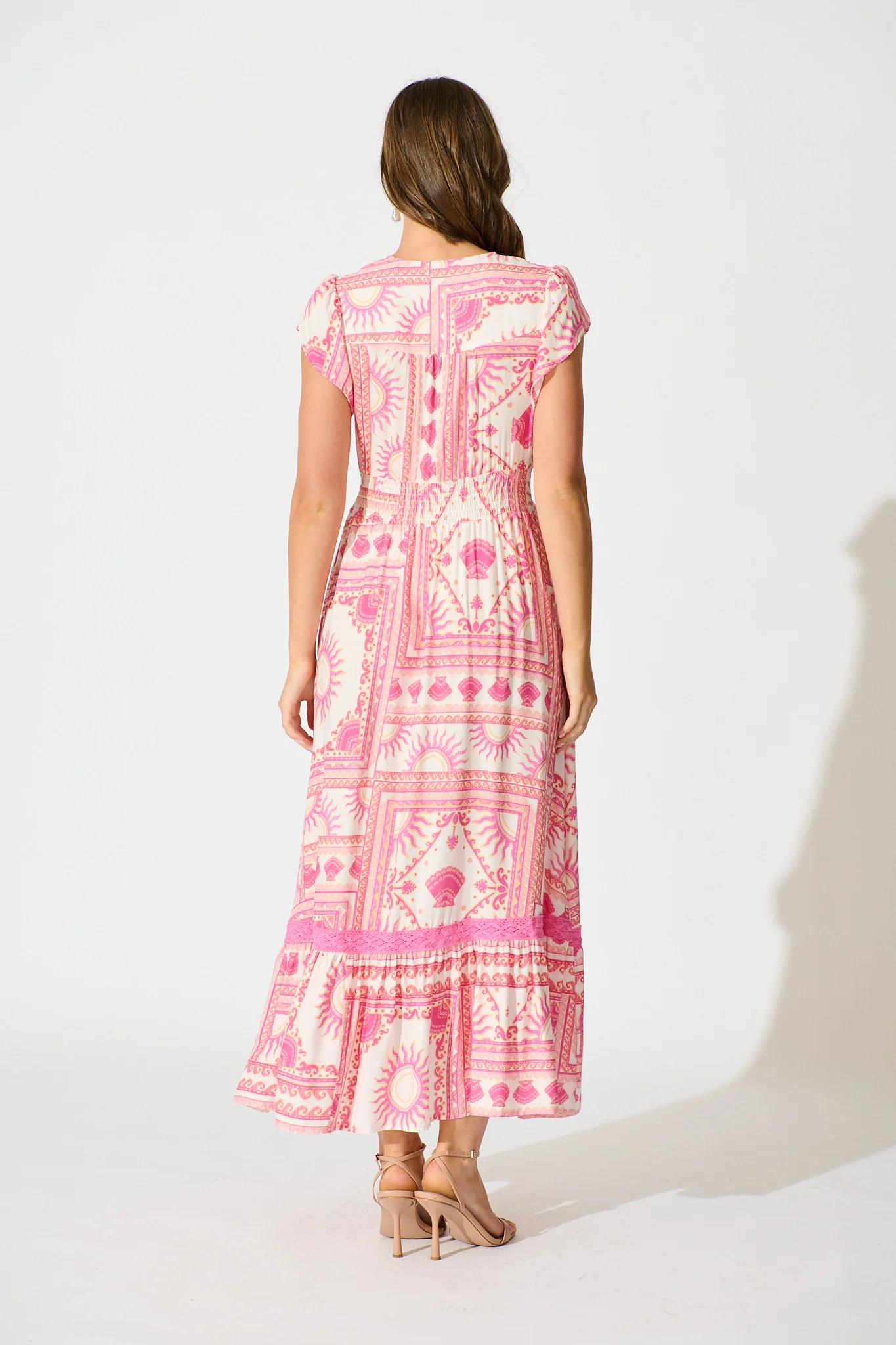 Lyanna Midi Dress in White with Multi Pink Print - Image 4
