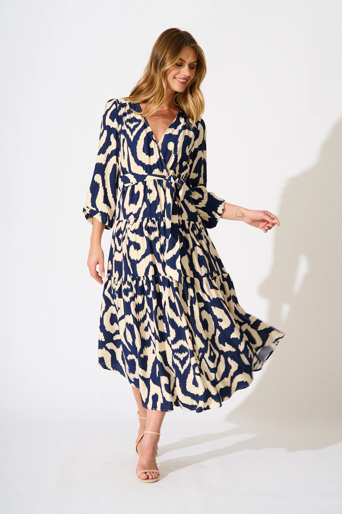 Lydia Midi Dress in Navy Cream Swirl Print