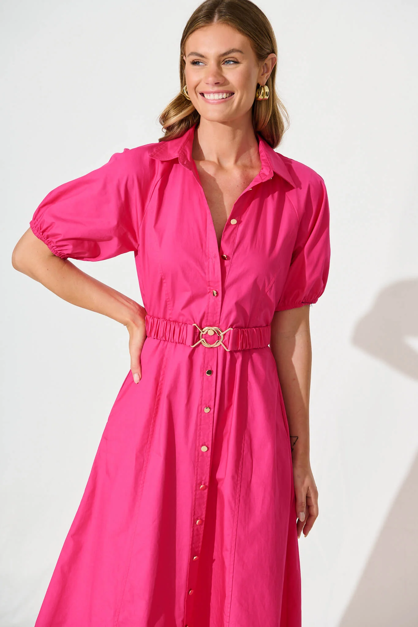 Lydon Midi Dress in Hot Pink Cotton - Image 2