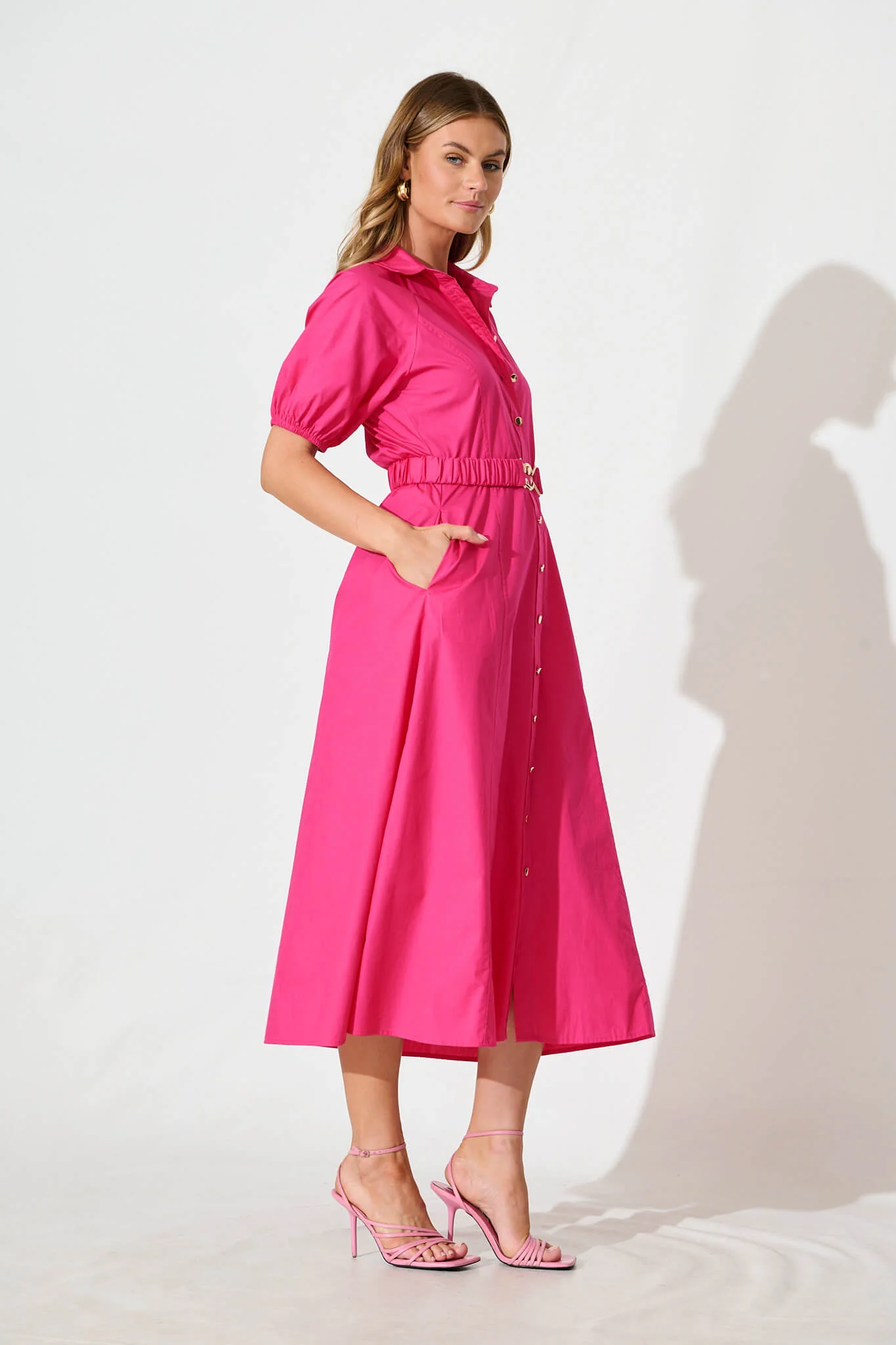 Lydon Midi Dress in Hot Pink Cotton - Image 3