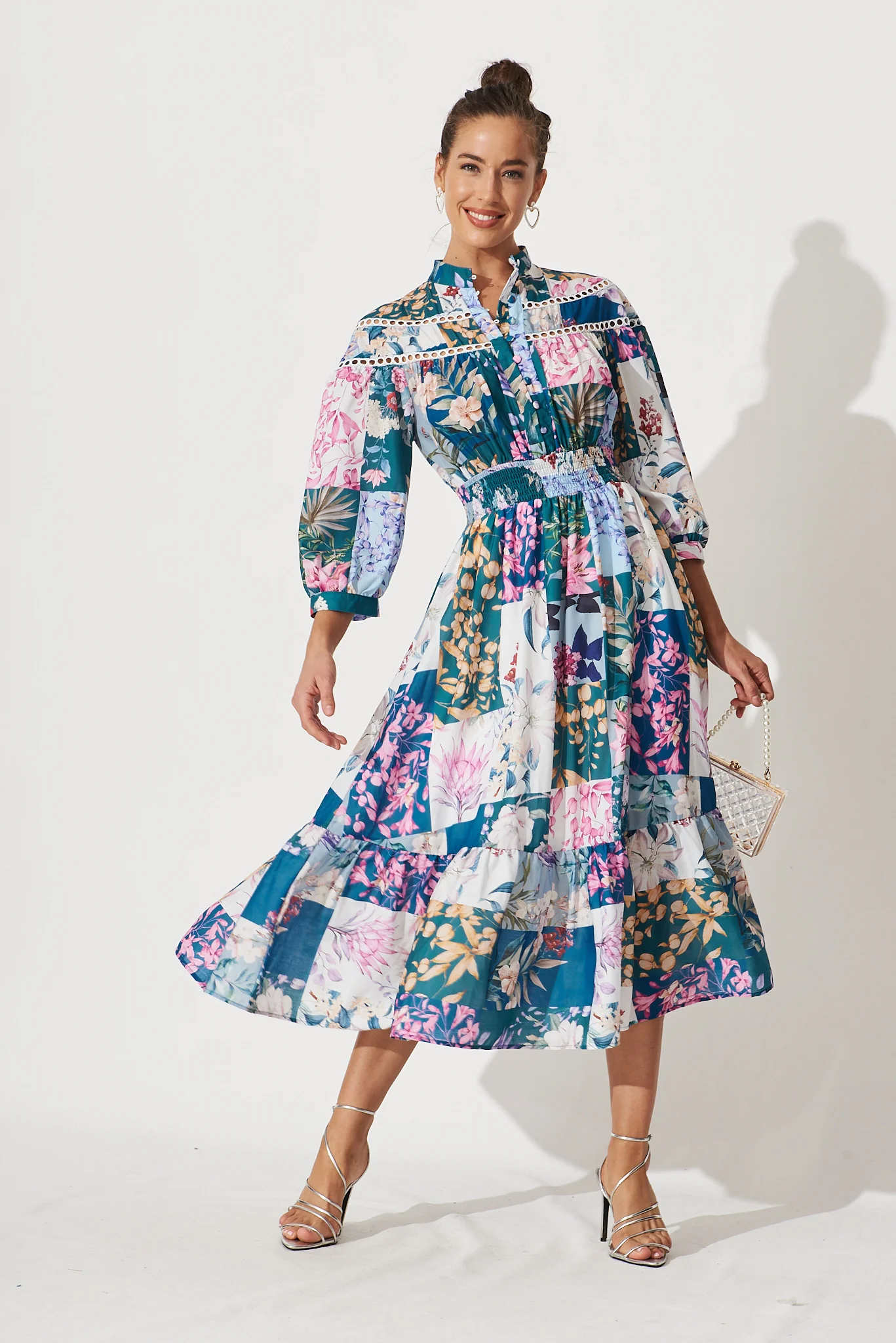 Lyn Midi Dress In Dark Green Patch Floral