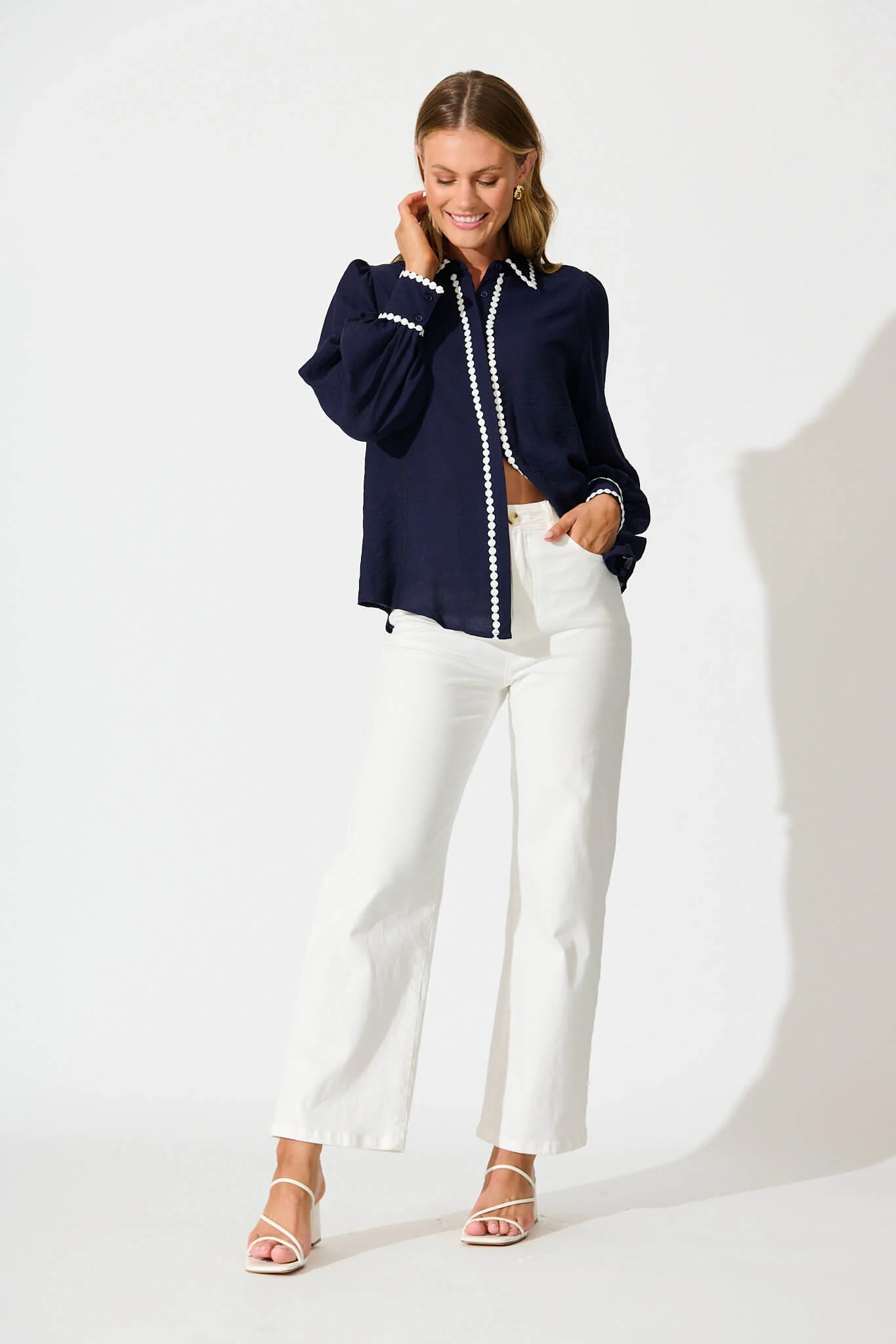 Lynelle Shirt in Navy with White Contrast Trim - Image 7