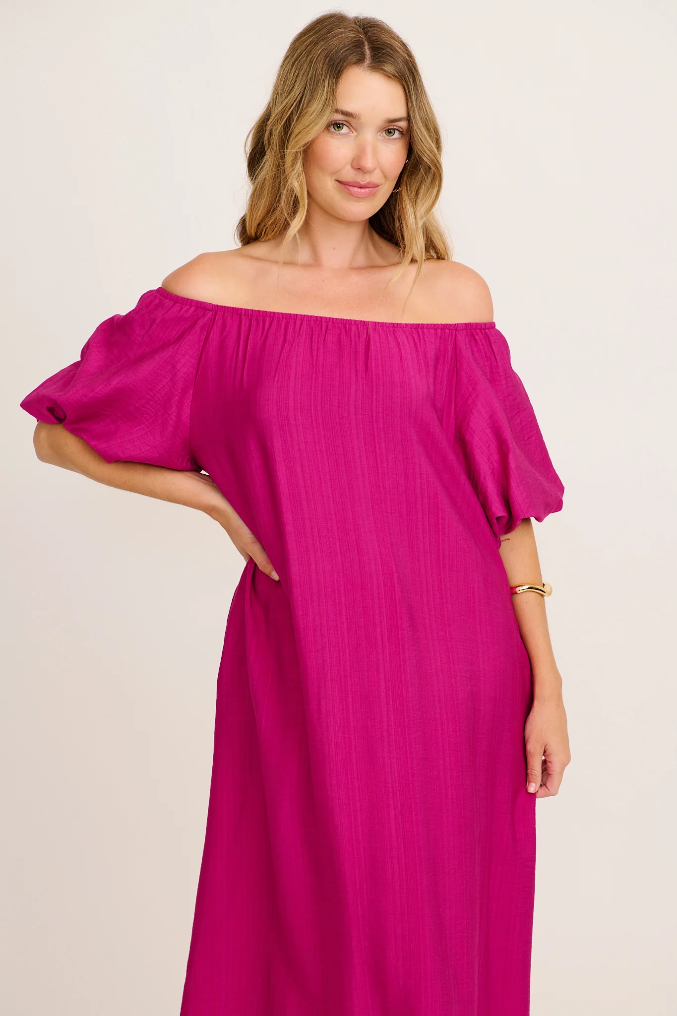 Lyrica Maxi Off Shoulder Dress in Purple Linen Blend - Image 2