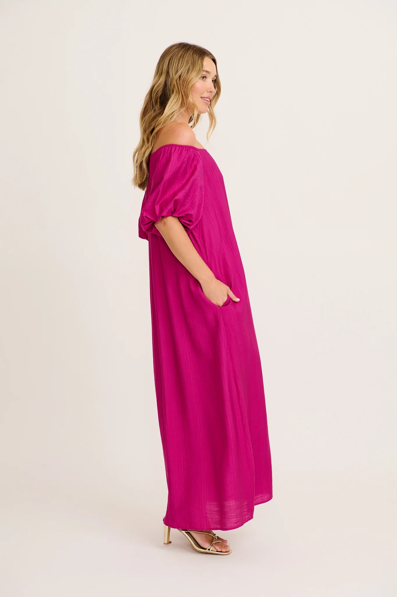 Lyrica Maxi Off Shoulder Dress in Purple Linen Blend - Image 3