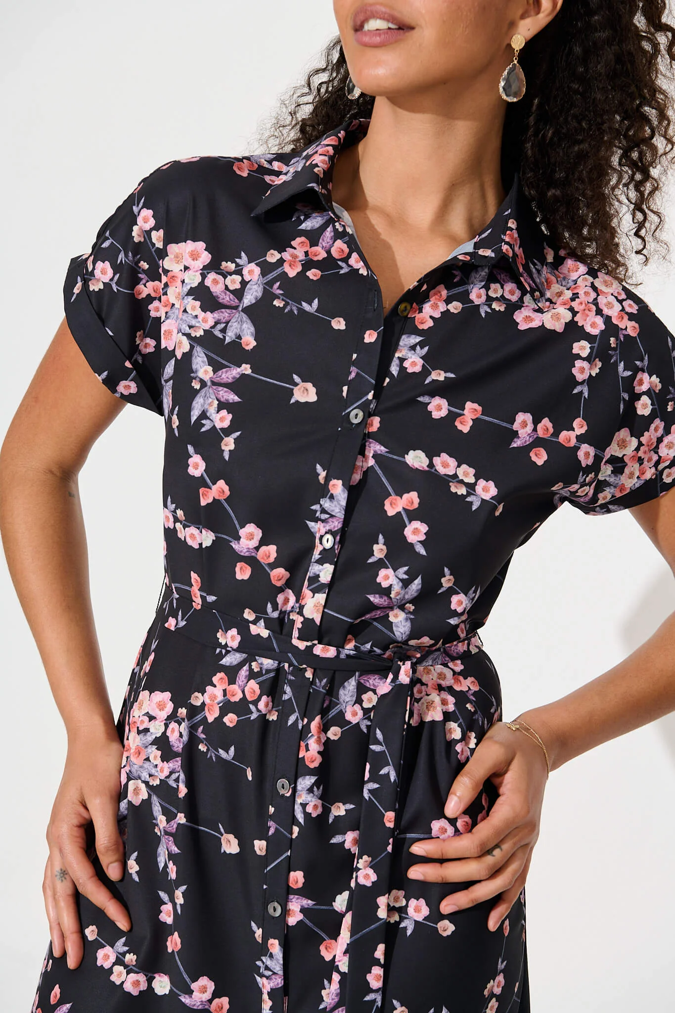 Maddison Shirt Dress In Black With Cherry Blossom - Image 5
