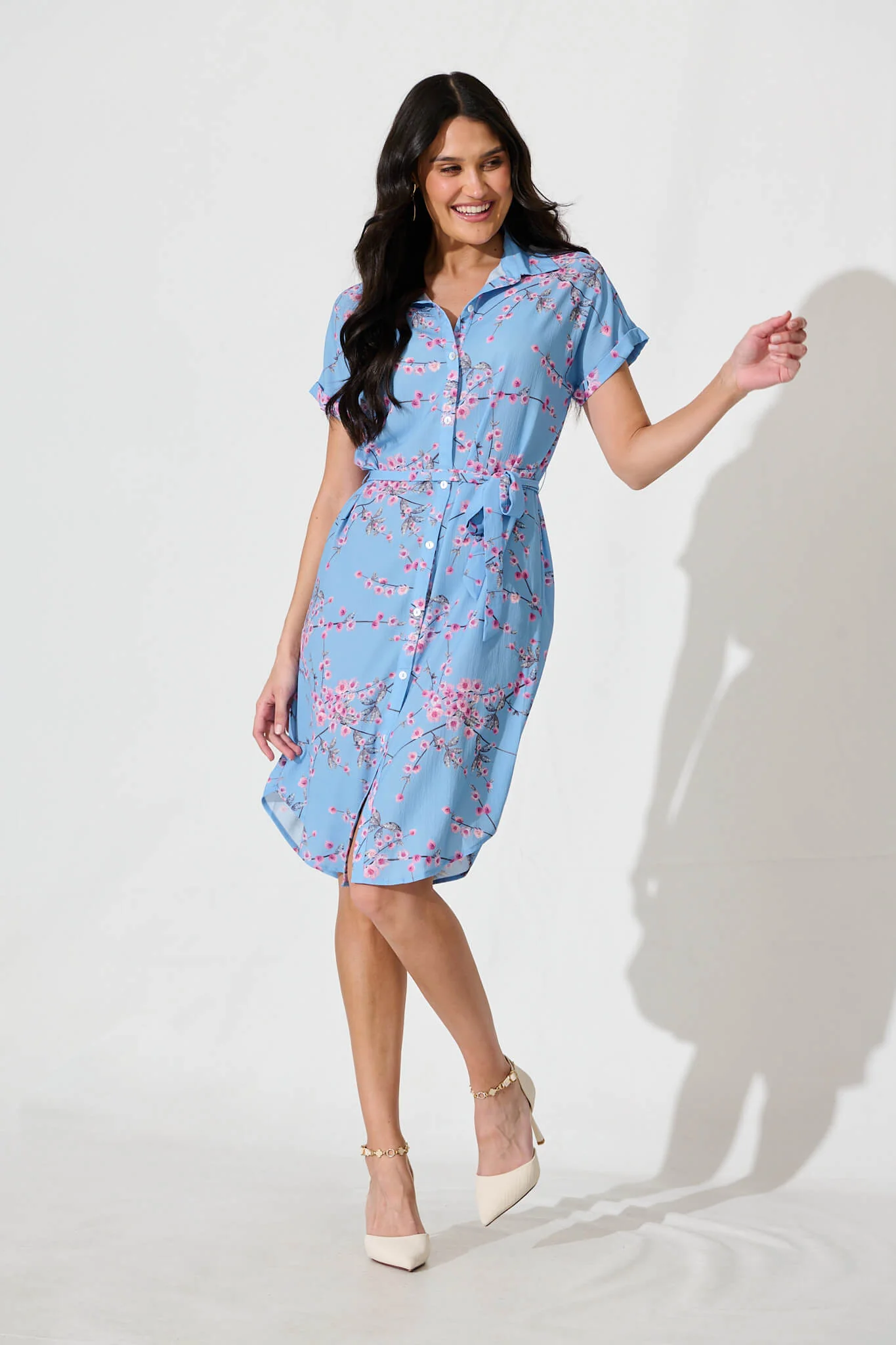 Maddison Shirt Dress In Pale Blue With Pink Cherry Blossom - Image 2