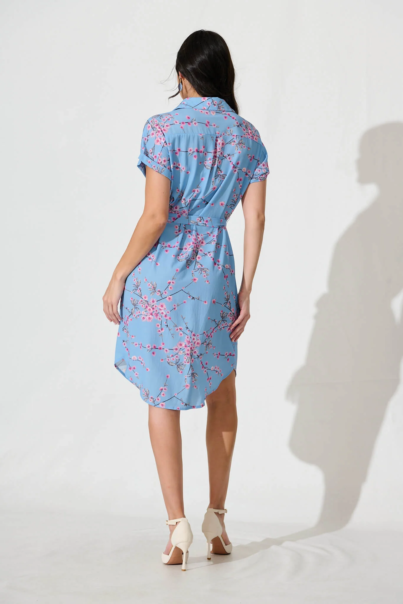 Maddison Shirt Dress In Pale Blue With Pink Cherry Blossom - Image 8