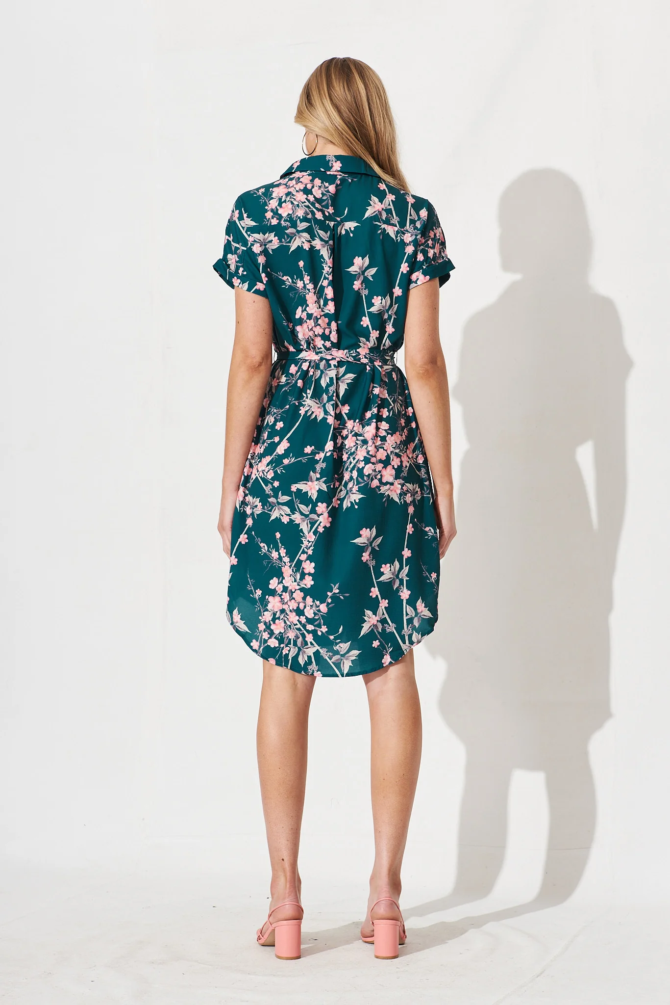 Maddison Shirt Dress In Teal With Pink Cherry Blossom - Image 4