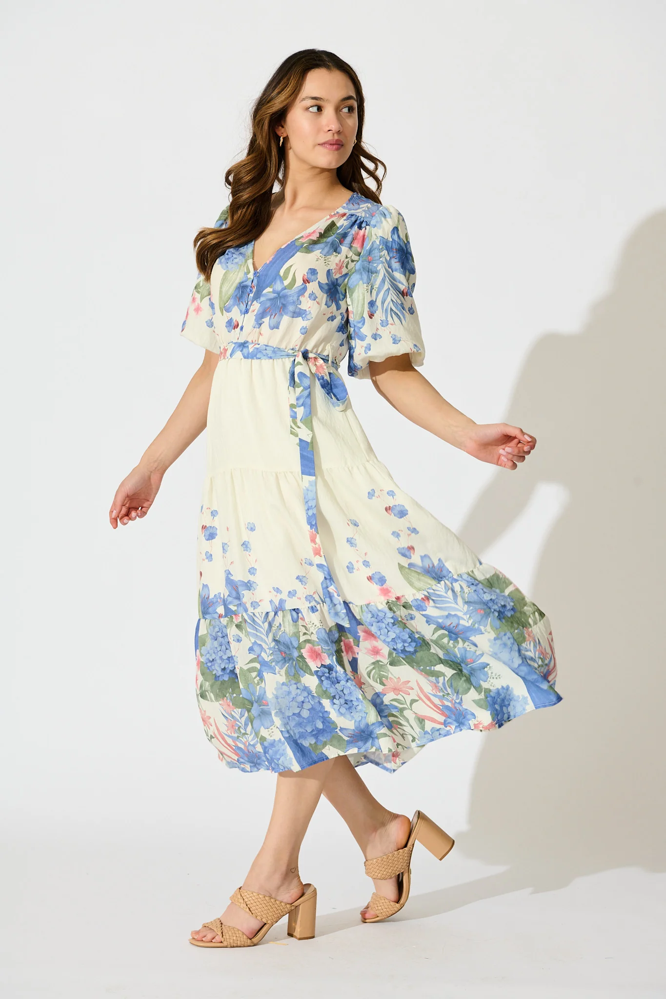 Mae Midi Dress in Cream with Blue Floral Print - Image 3