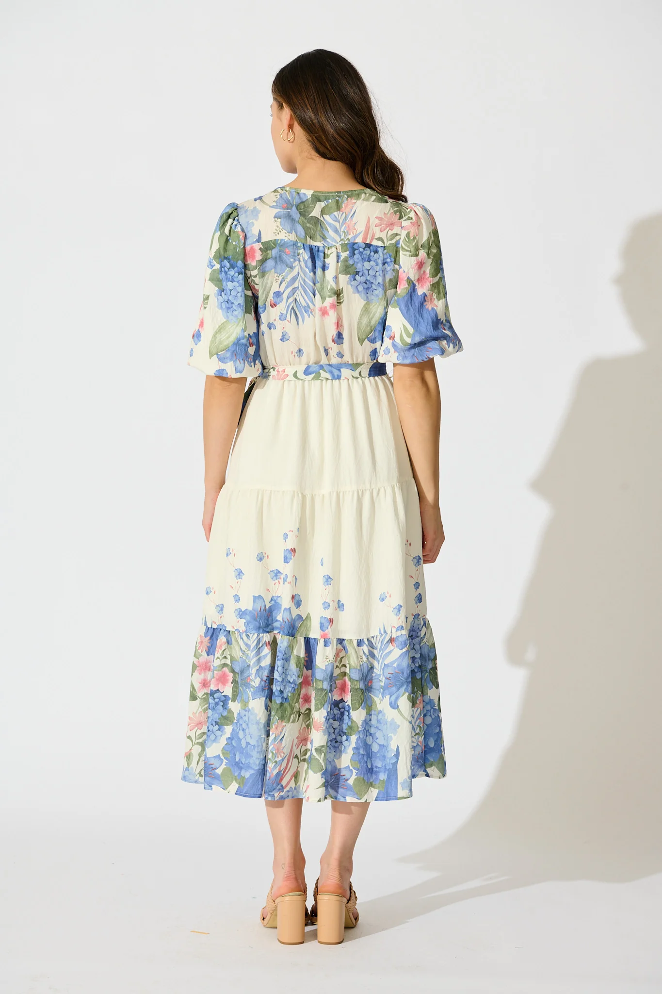 Mae Midi Dress in Cream with Blue Floral Print - Image 4