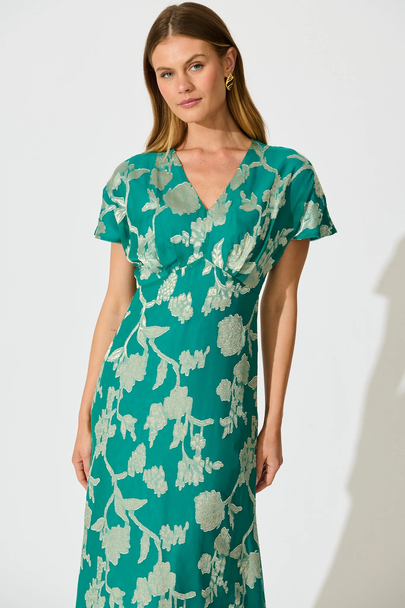 Maelis Maxi Dress in Teal and Gold Burnout Chiffon - Image 2