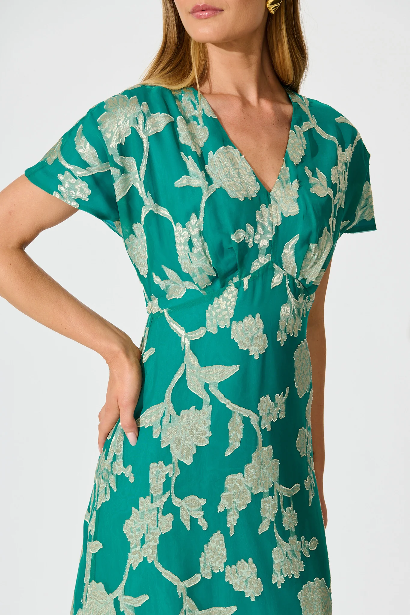 Maelis Maxi Dress in Teal and Gold Burnout Chiffon - Image 5