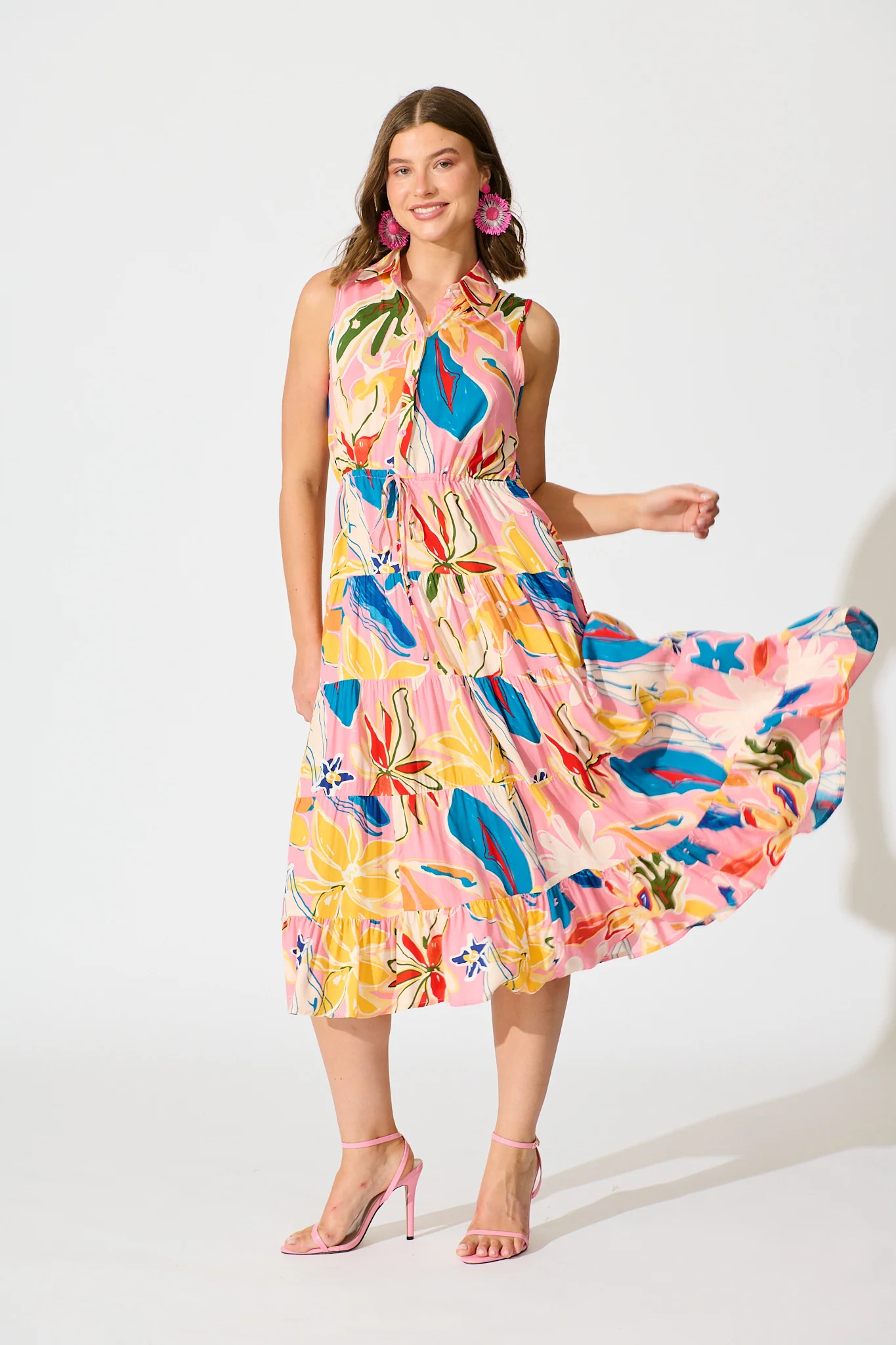 Maelle Midi Dress in Pink with Multi Print - Image 2