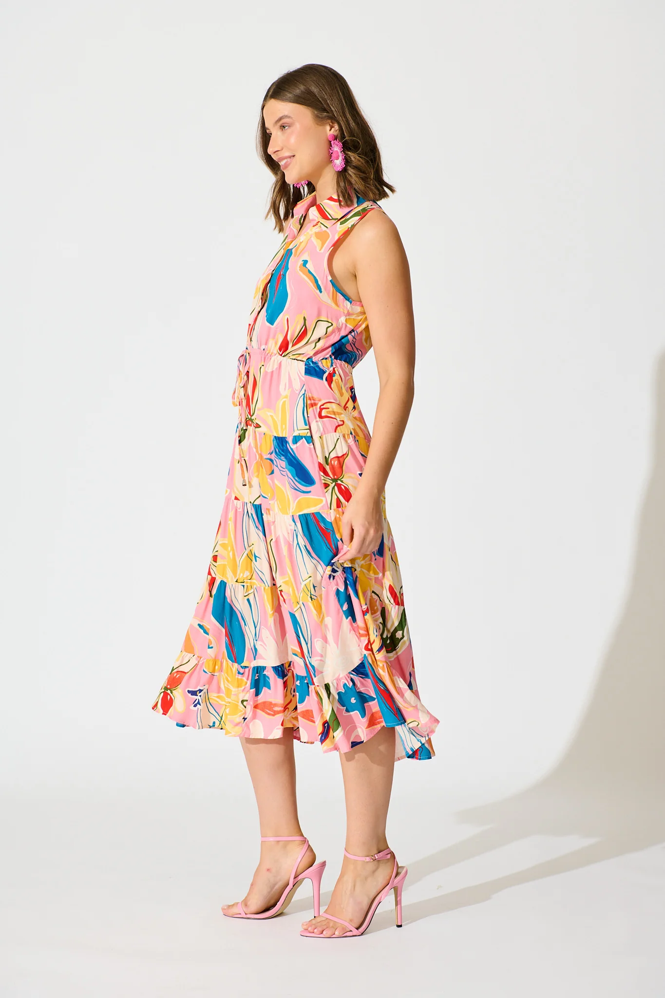 Maelle Midi Dress in Pink with Multi Print - Image 4