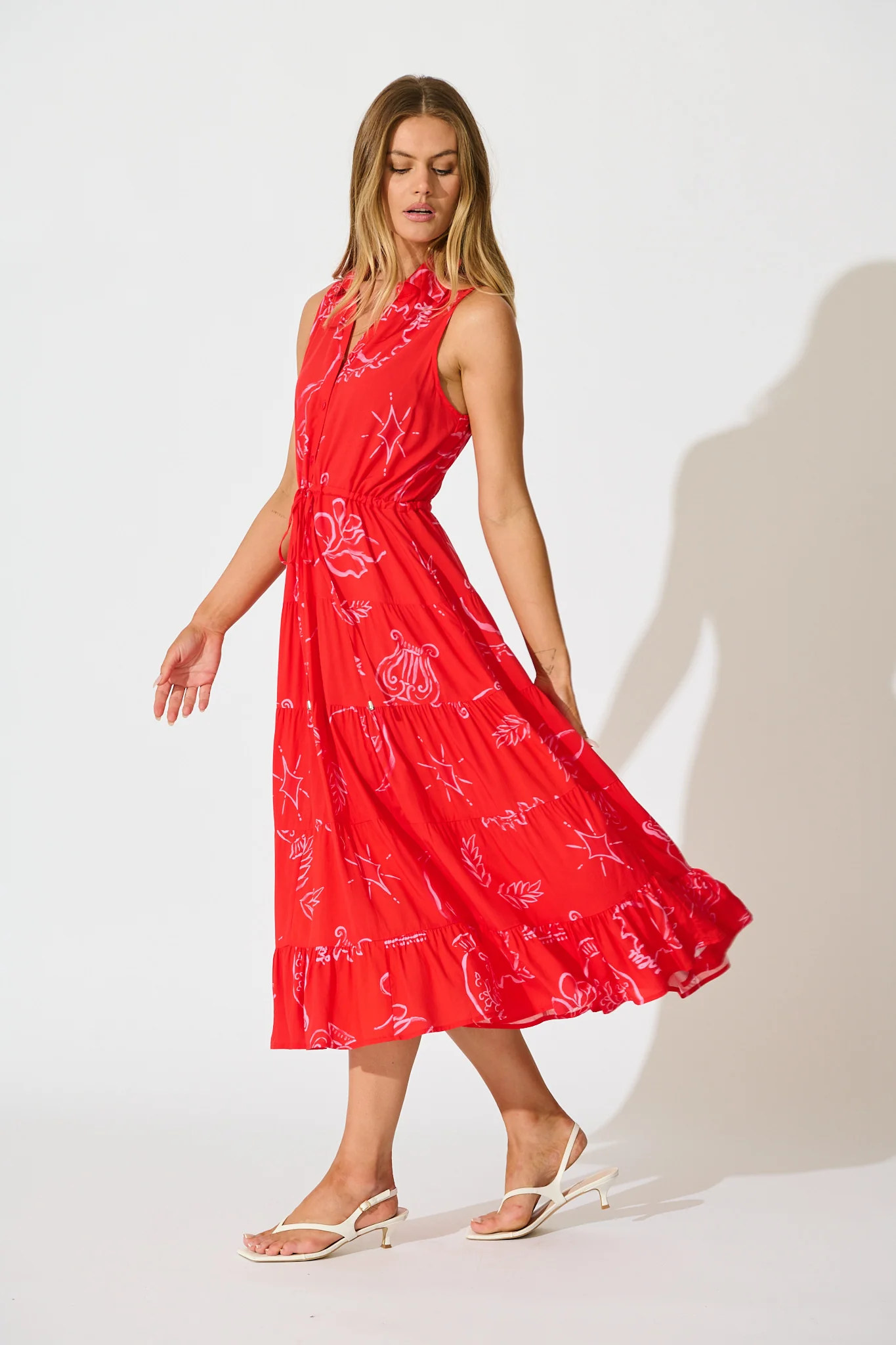 Maelle Midi Dress in Red with Pink Print - Image 3