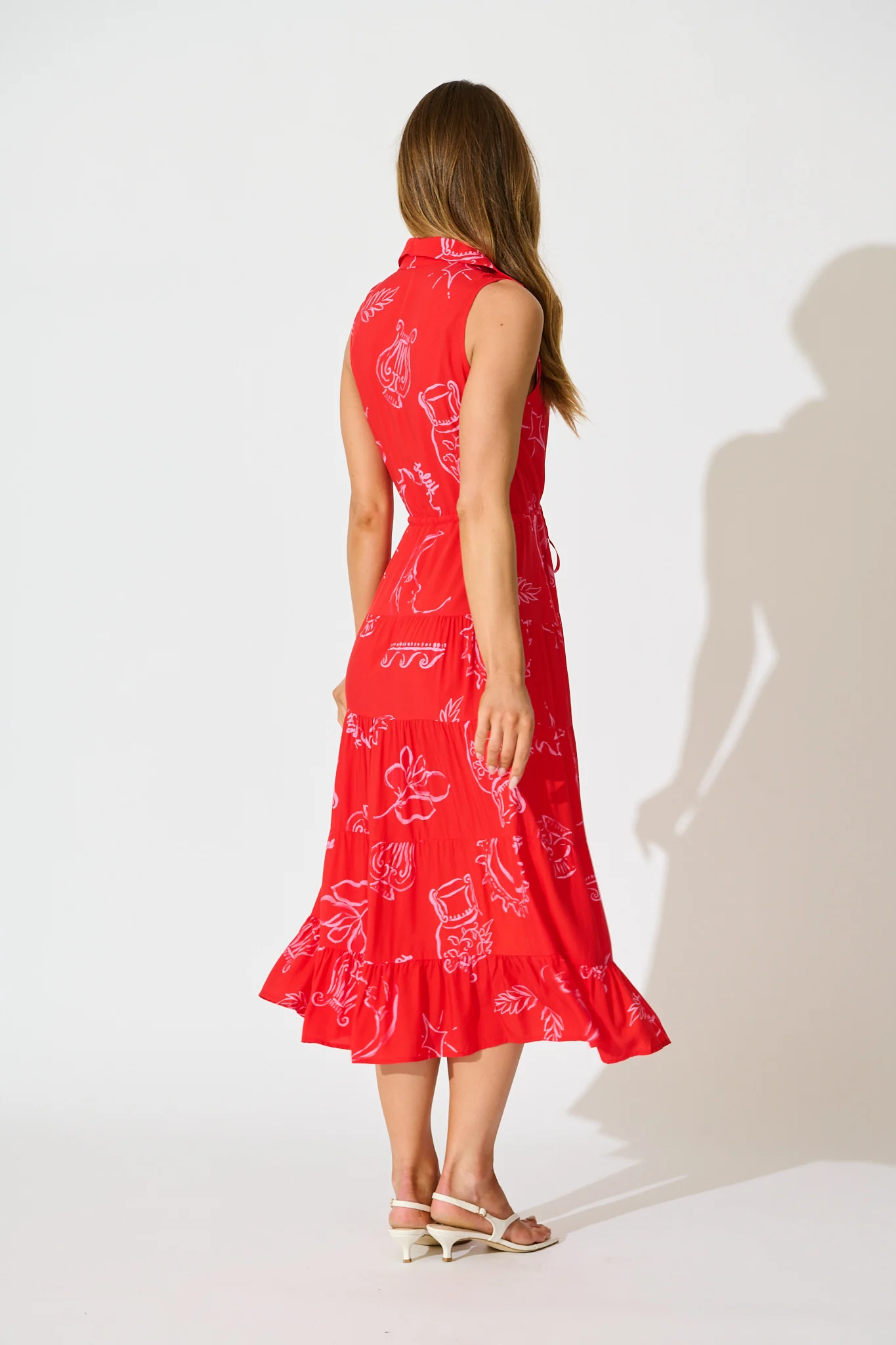 Maelle Midi Dress in Red with Pink Print - Image 4