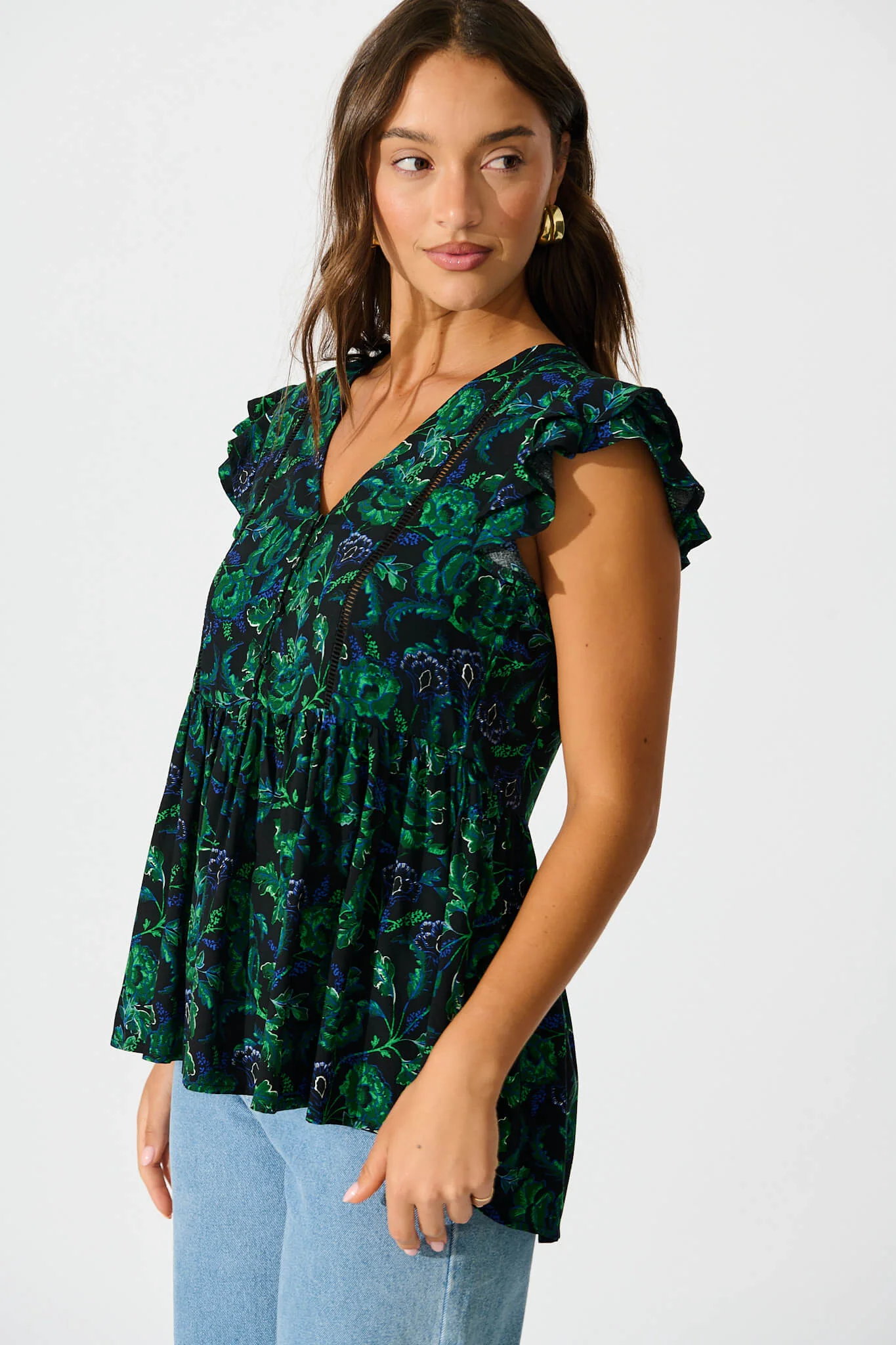 Maila Top In Emerald with Green and Blue Floral - Image 2