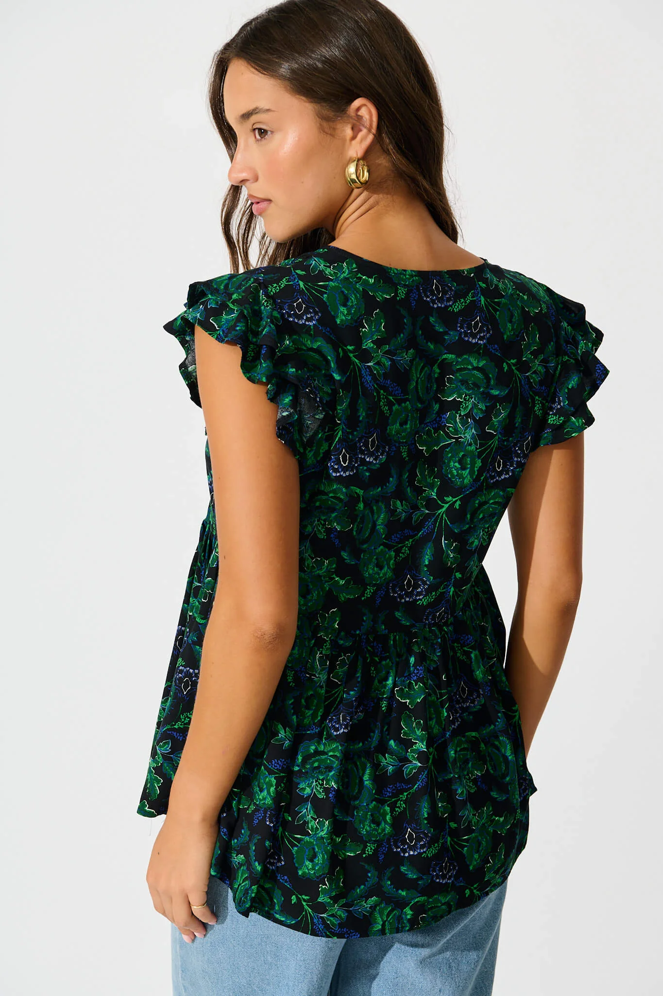 Maila Top In Emerald with Green and Blue Floral - Image 3