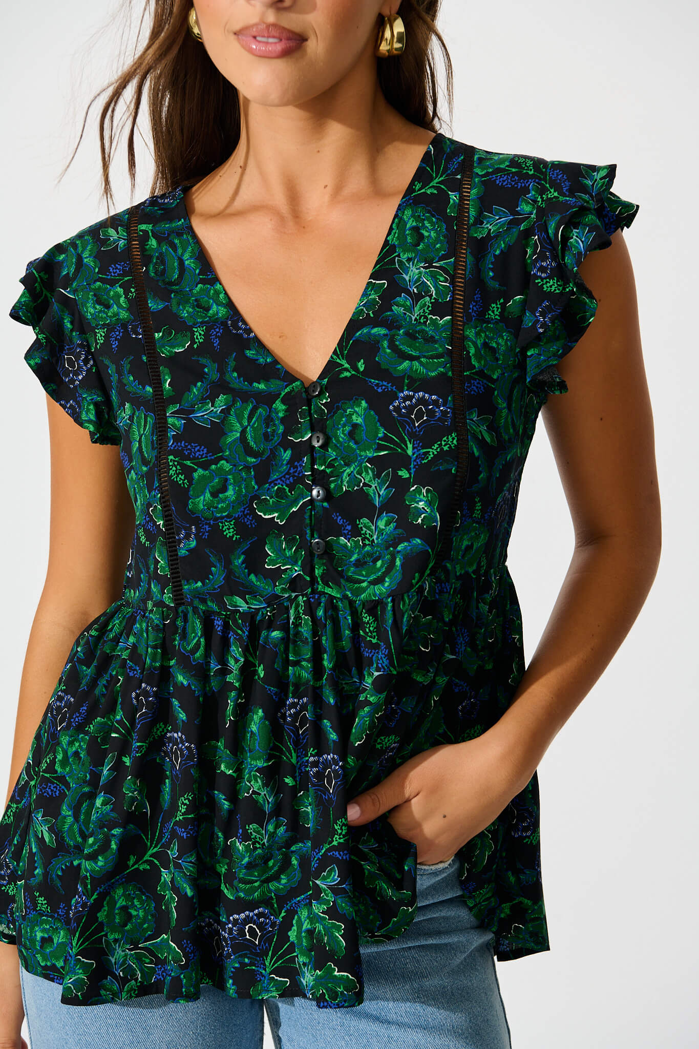 Maila Top In Emerald with Green and Blue Floral - Image 5