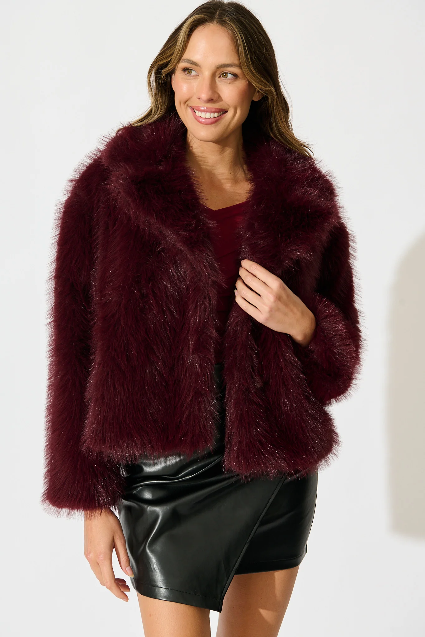 Maison Layer Faux Fur Jacket in Wine - Image 2