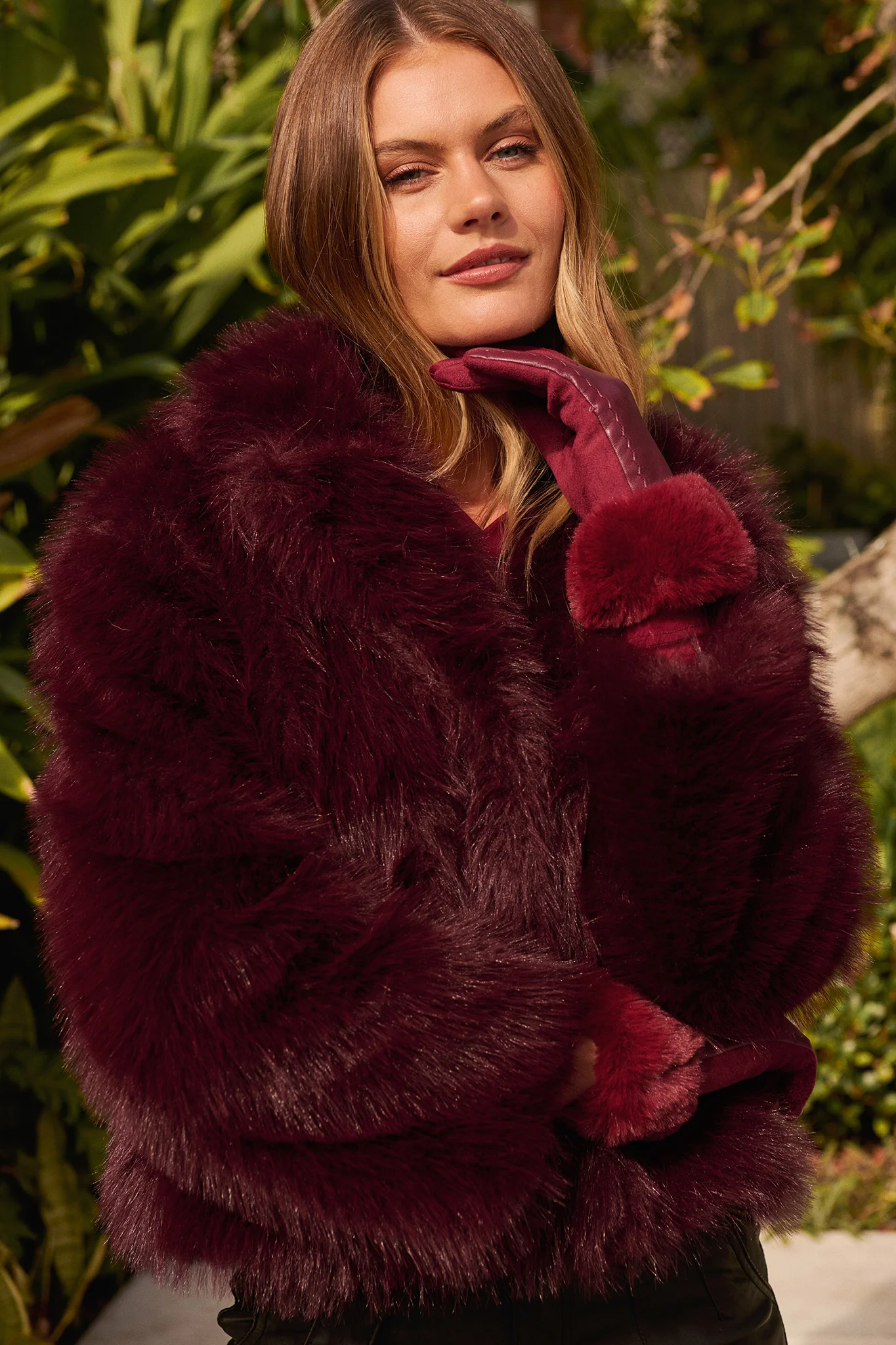Maison Layer Faux Fur Jacket in Wine - Image 3