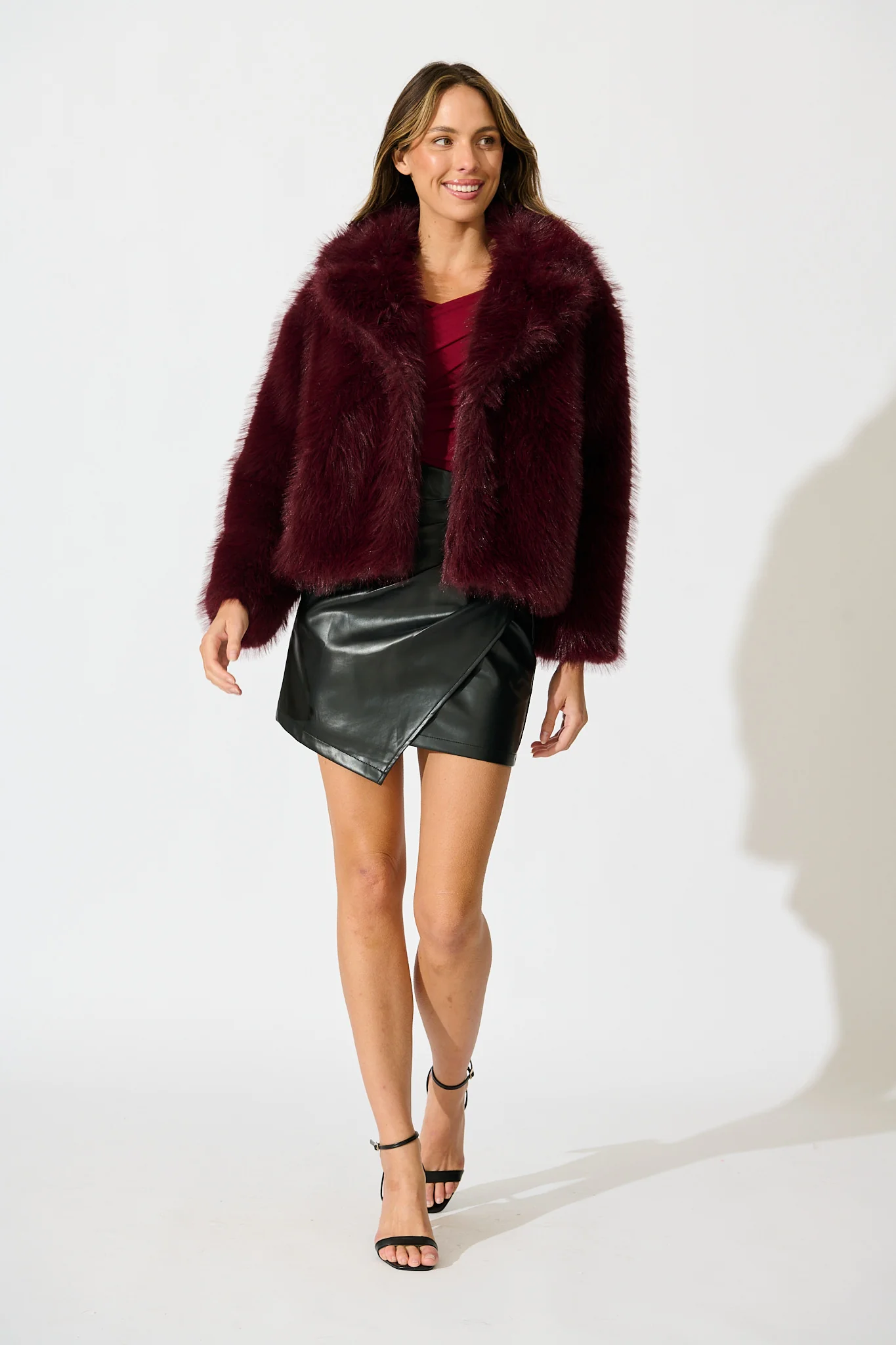 Maison Layer Faux Fur Jacket in Wine - Image 8