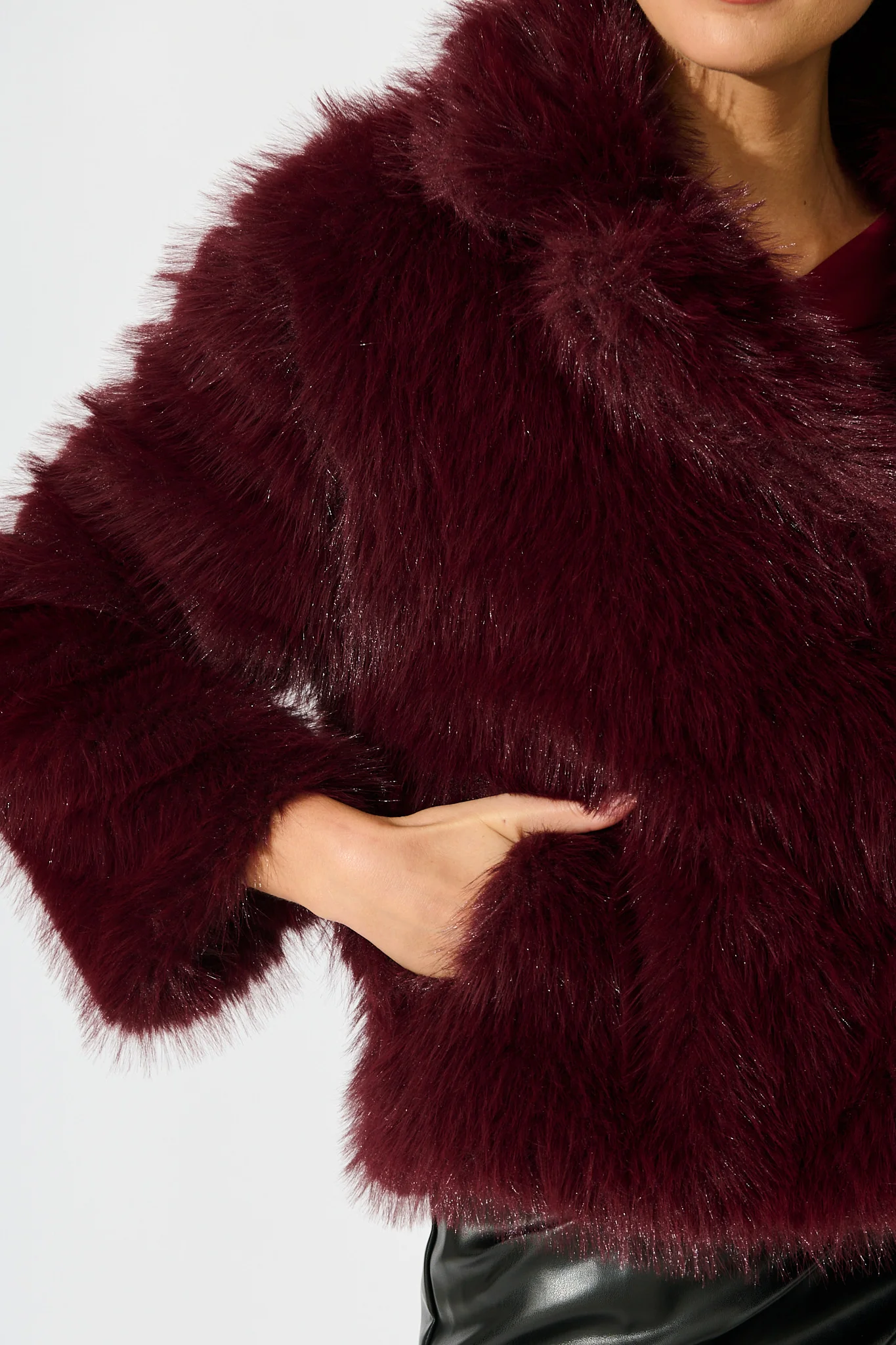 Maison Layer Faux Fur Jacket in Wine - Image 9