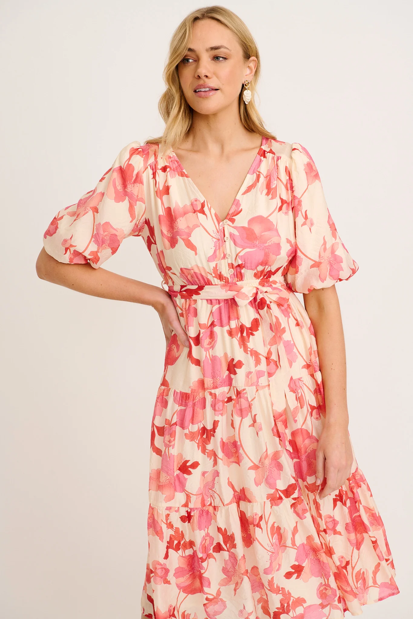 Maja Midi Dress in Cream with Pink Floral - Image 2
