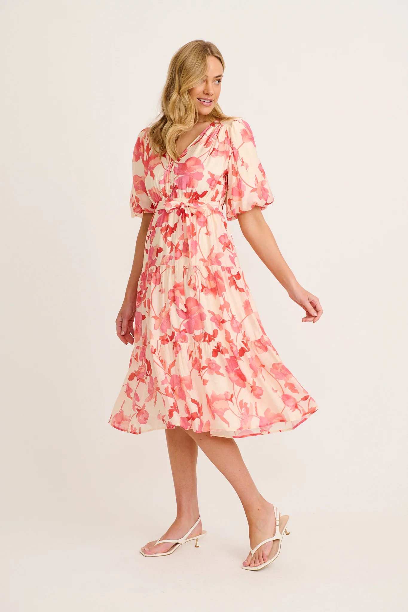 Maja Midi Dress in Cream with Pink Floral - Image 3